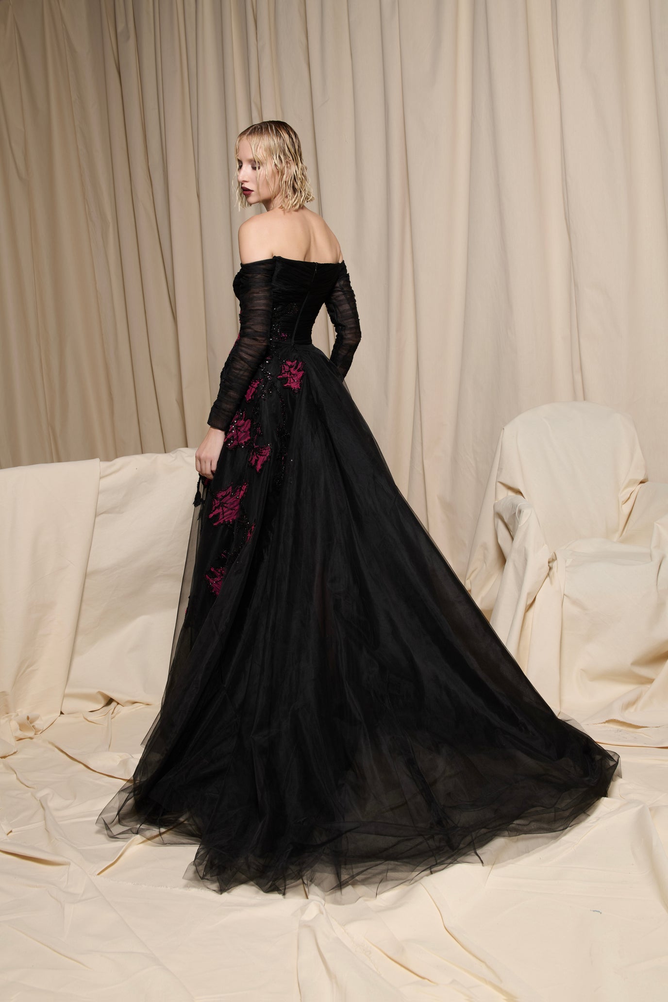 Nour Fathallah N0694 - Black Tulle Gown with Magenta Floral Embroidery