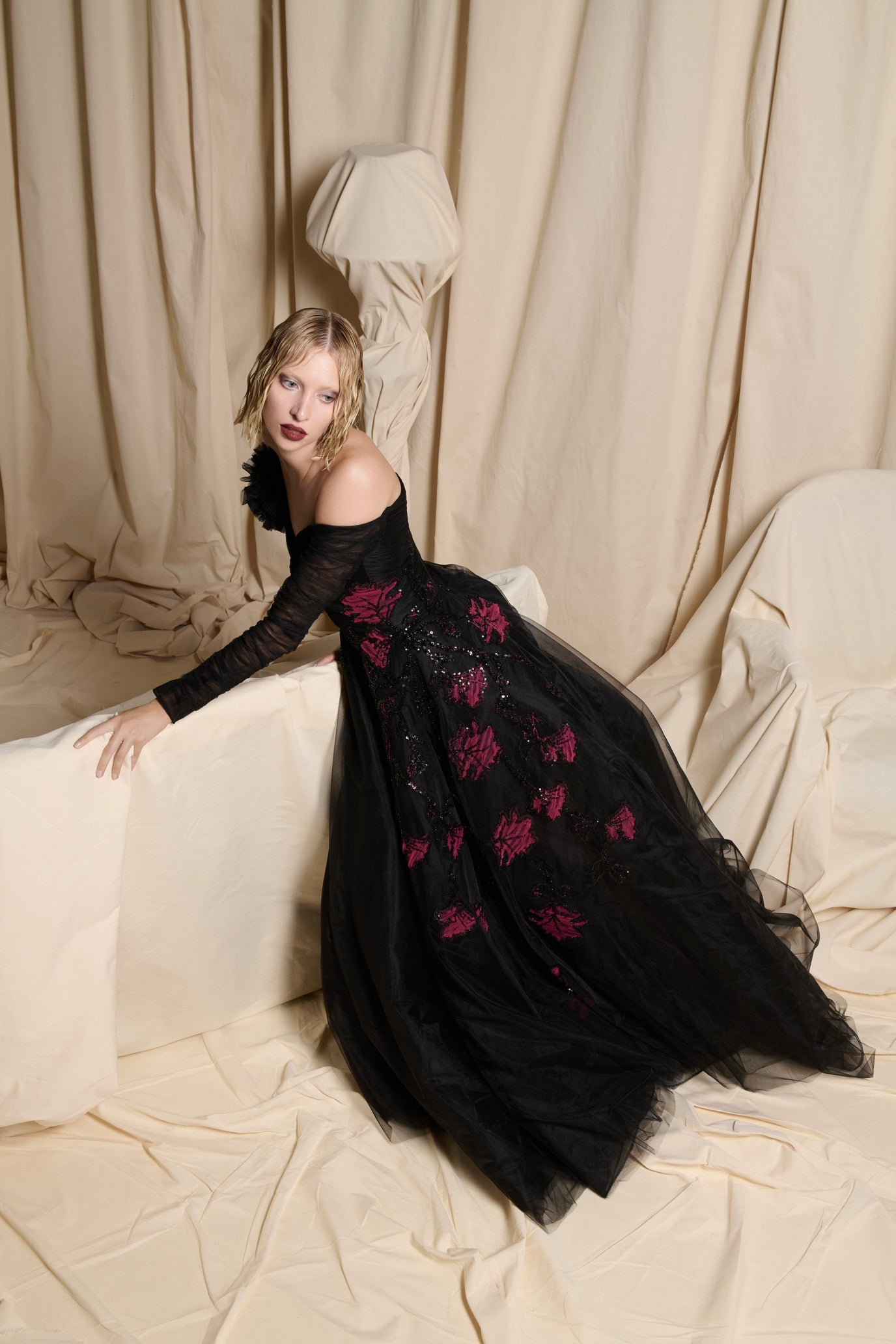 Nour Fathallah N0694 - Black Tulle Gown with Magenta Floral Embroidery