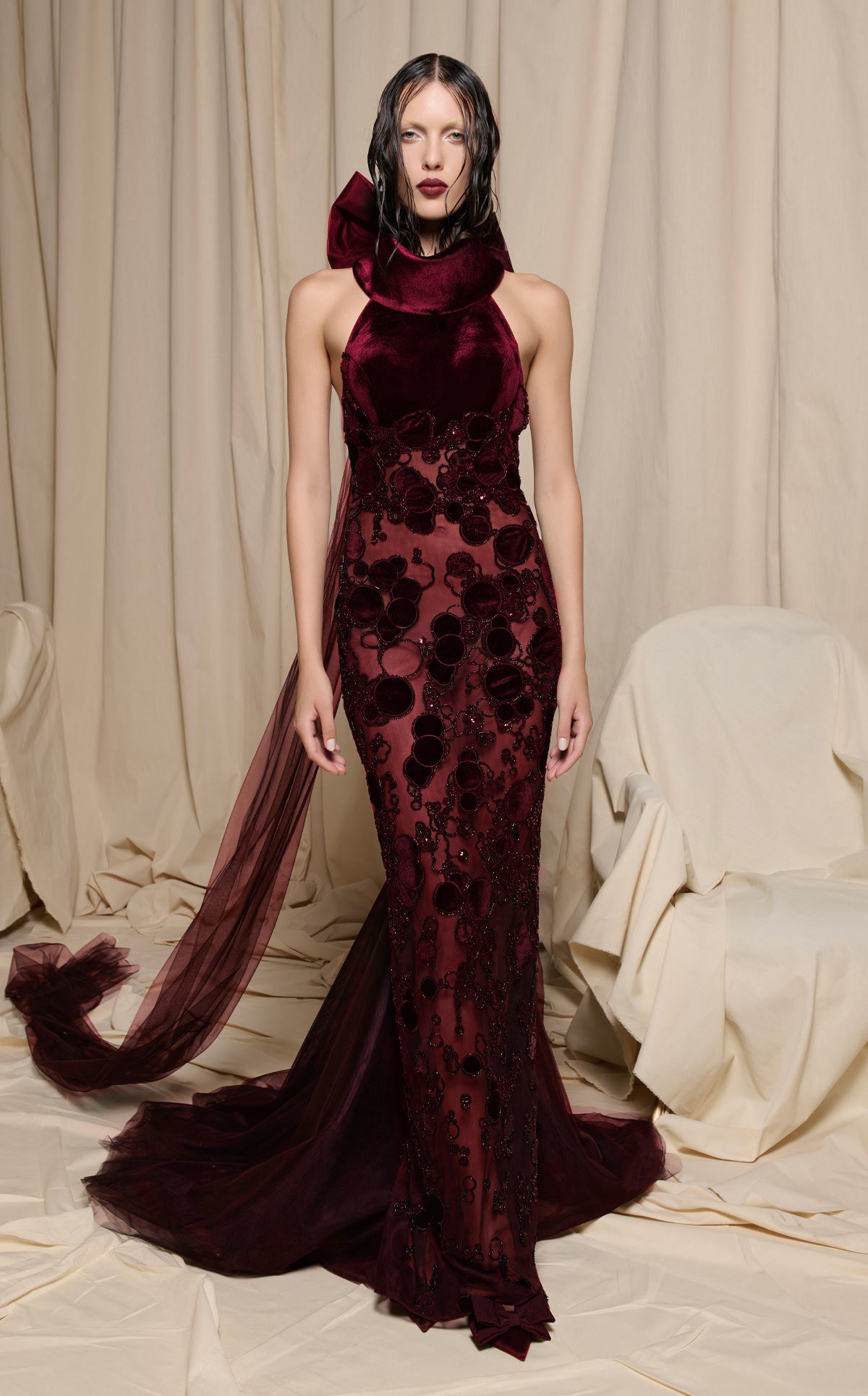 Nour Fathallah N0699 - Black Velvet Halter Gown with 3D Floral Embroidery