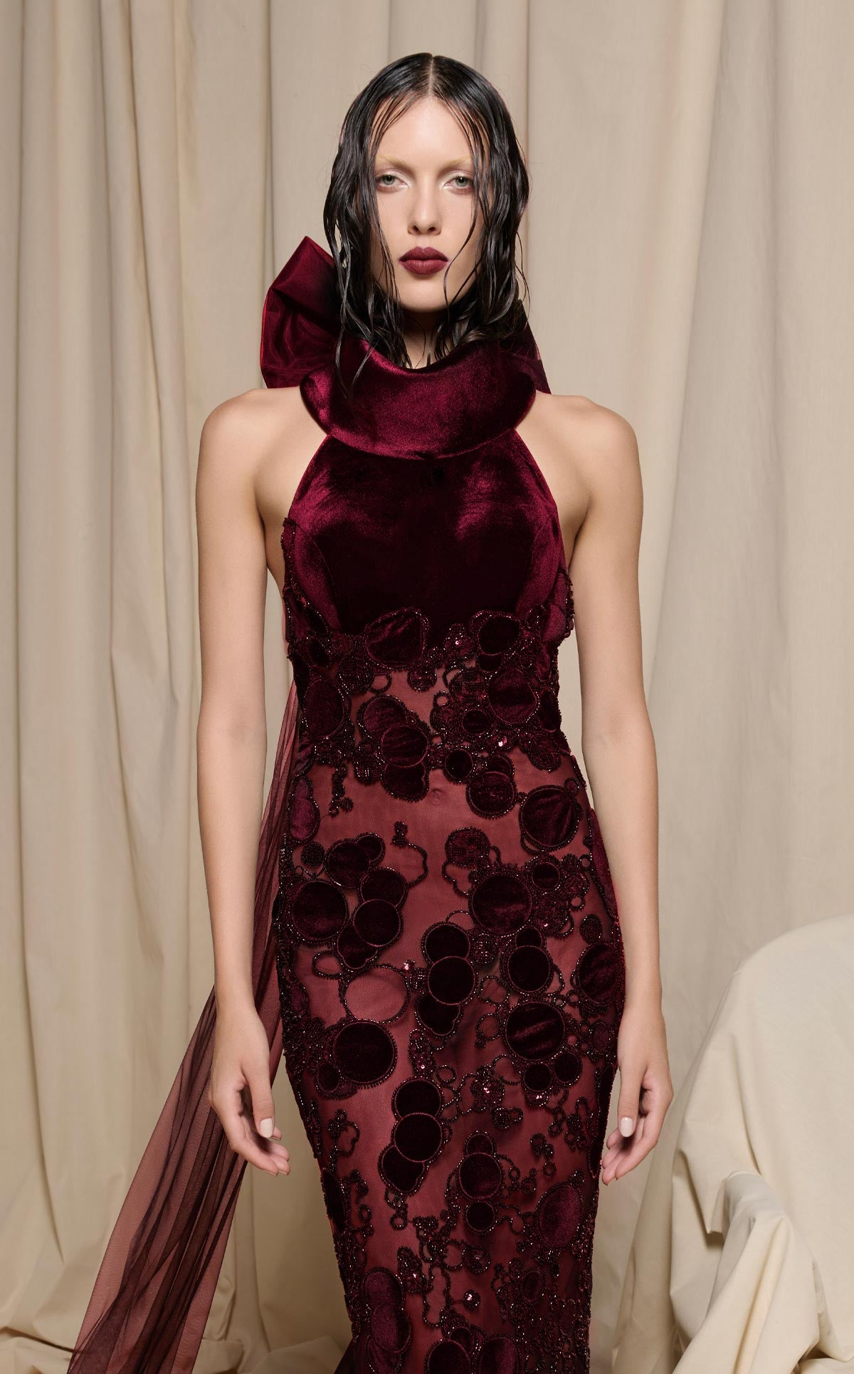 Nour Fathallah N0699 - Black Velvet Halter Gown with 3D Floral Embroidery