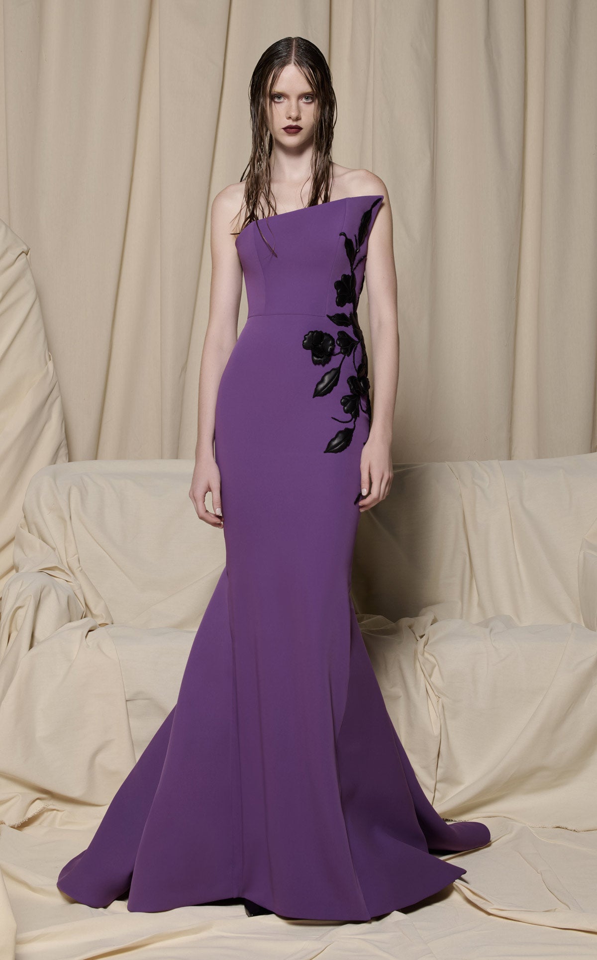 Nour Fathallah N0700 Strapless Sculptural Petal Neckline Column Gown