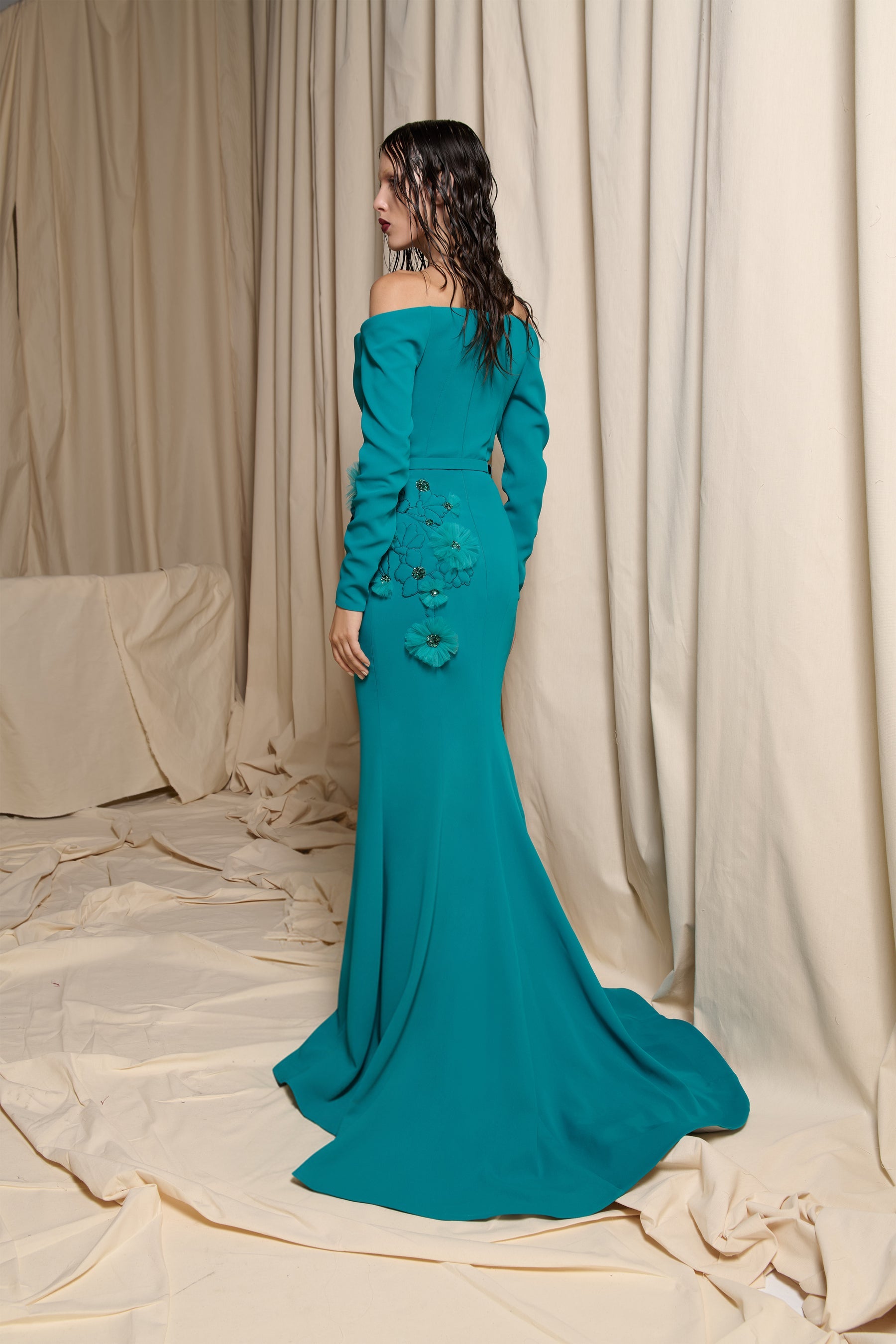 Nour Fathallah N0701 - Teal Crepe Gown with 3D Floral Slit Detail
