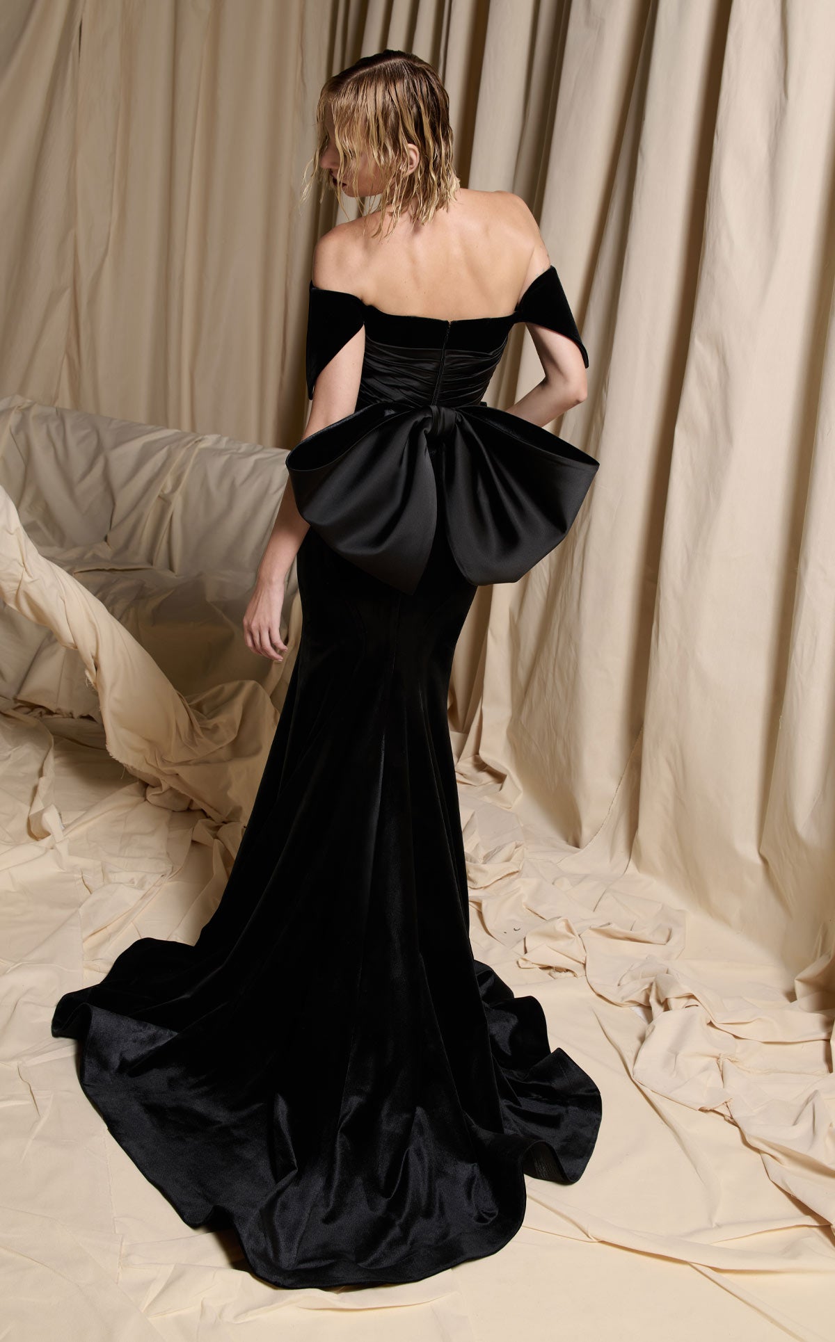 Nour Fathallah N0702 - Black Velvet Off-Shoulder Gown with Sculptural Bow