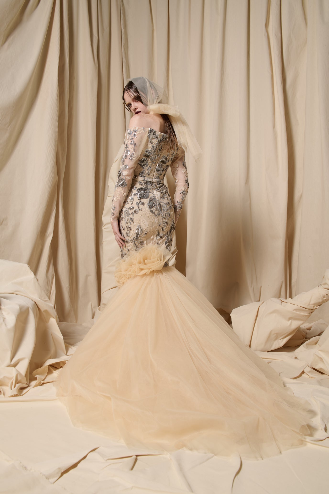 Nour Fathallah N0706 - Black Column Gown with Fuchsia Petal Folds