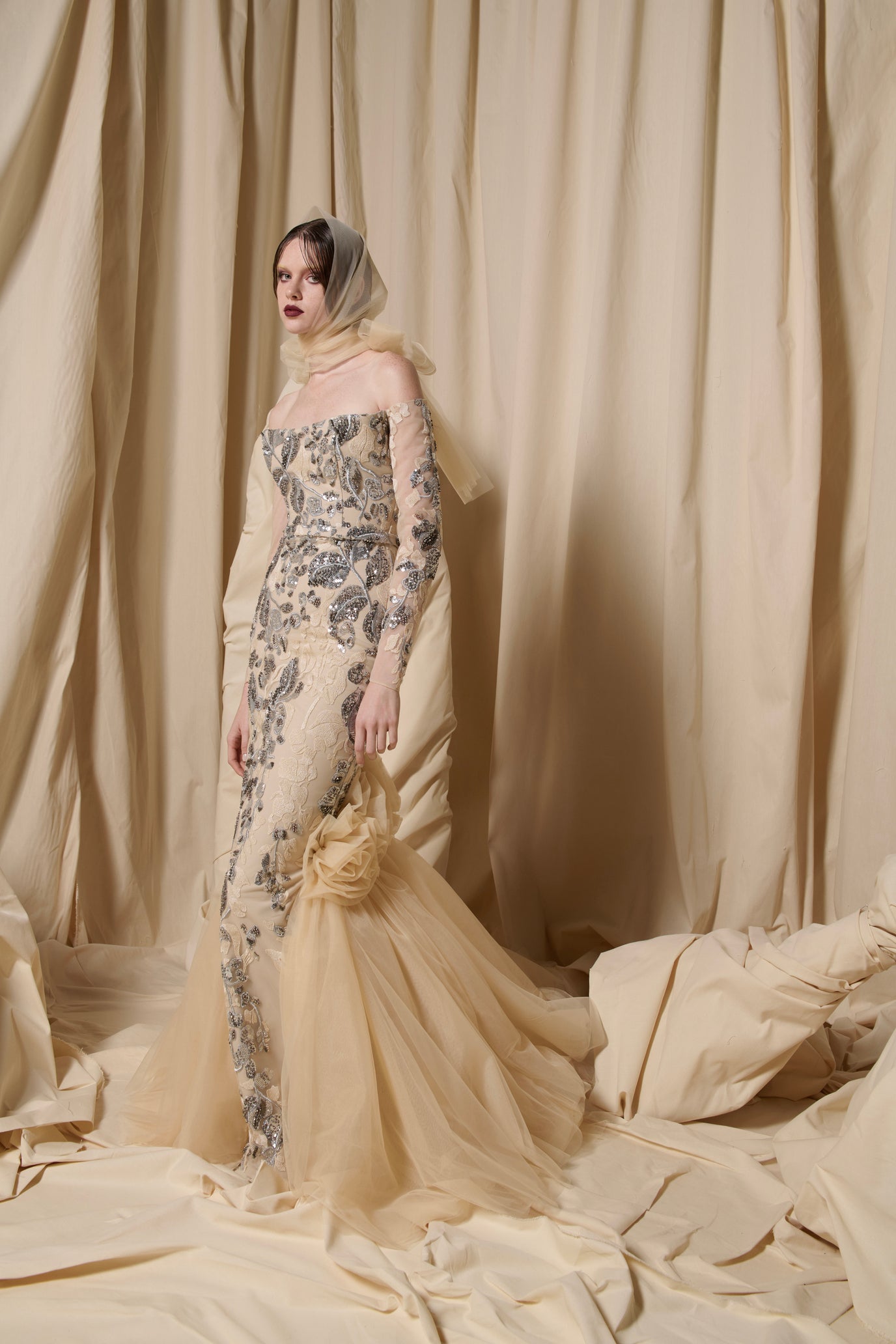 Nour Fathallah N0706 - Black Column Gown with Fuchsia Petal Folds
