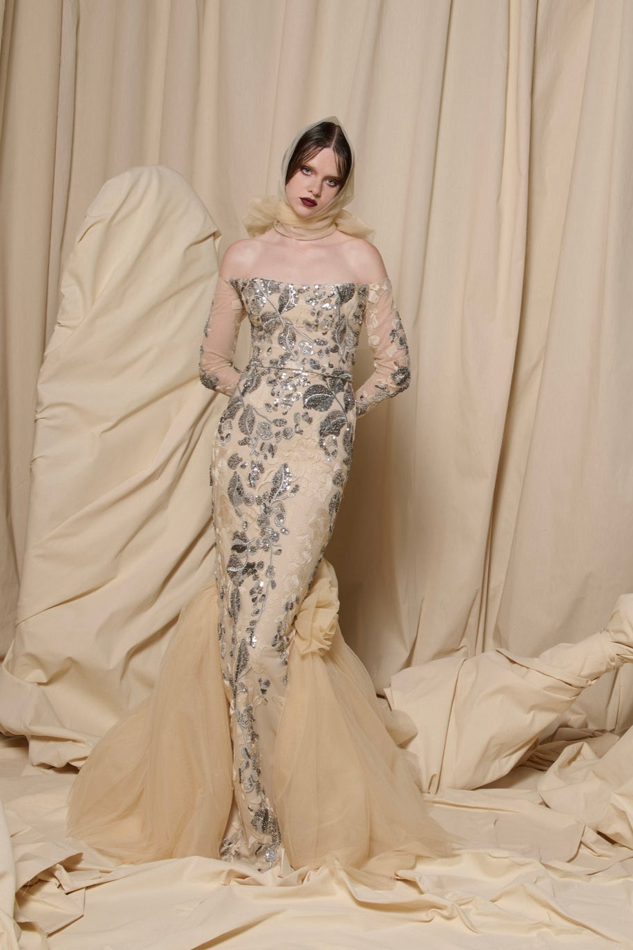 Nour Fathallah N0706 - Black Column Gown with Fuchsia Petal Folds