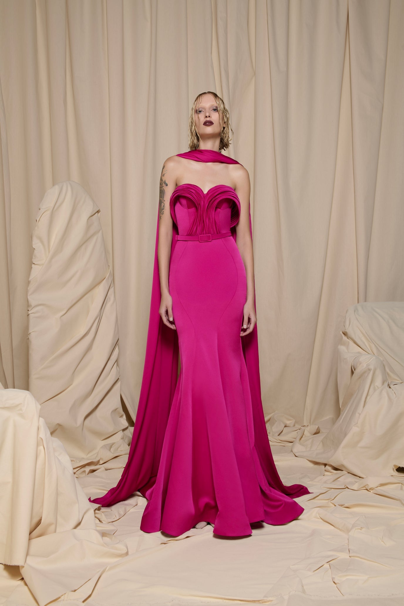 Nour Fathallah N0707 - Fuchsia Gown with Dramatic Cape Panels