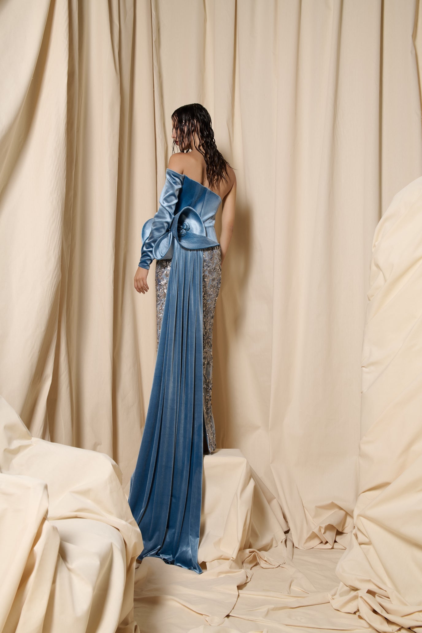 Nour Fathallah N0708 - Blue Velvet & Sequin Tulle Gown with Draped Tail