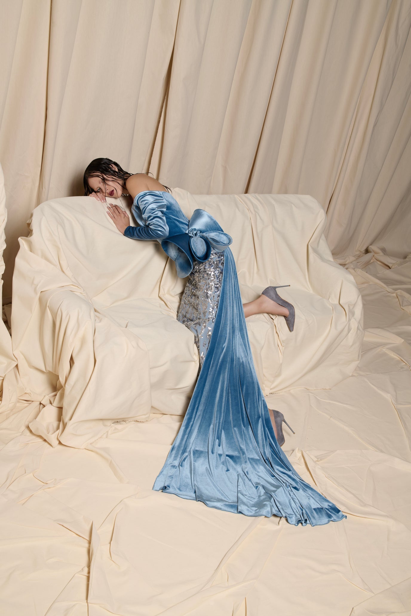 Nour Fathallah N0708 - Blue Velvet & Sequin Tulle Gown with Draped Tail