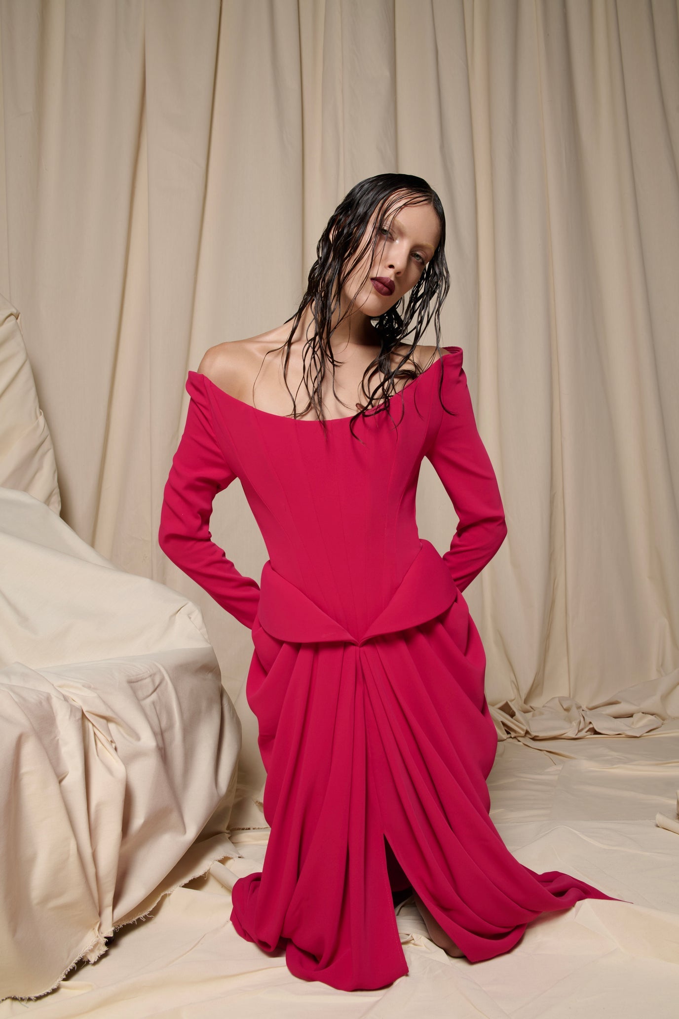Nour Fathallah N0709 - Scarlet Crepe Gown with Off-Shoulder Sleeves