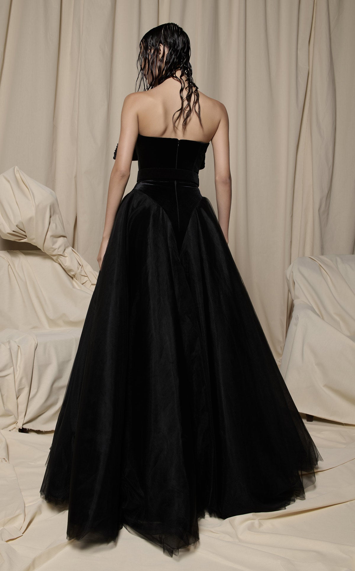 Nour Fathallah N0713 - Black Velvet & Tulle Gown with Oversized Bow
