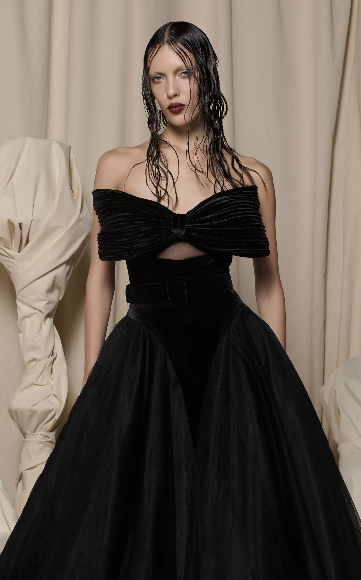 Nour Fathallah N0713 - Black Velvet & Tulle Gown with Oversized Bow