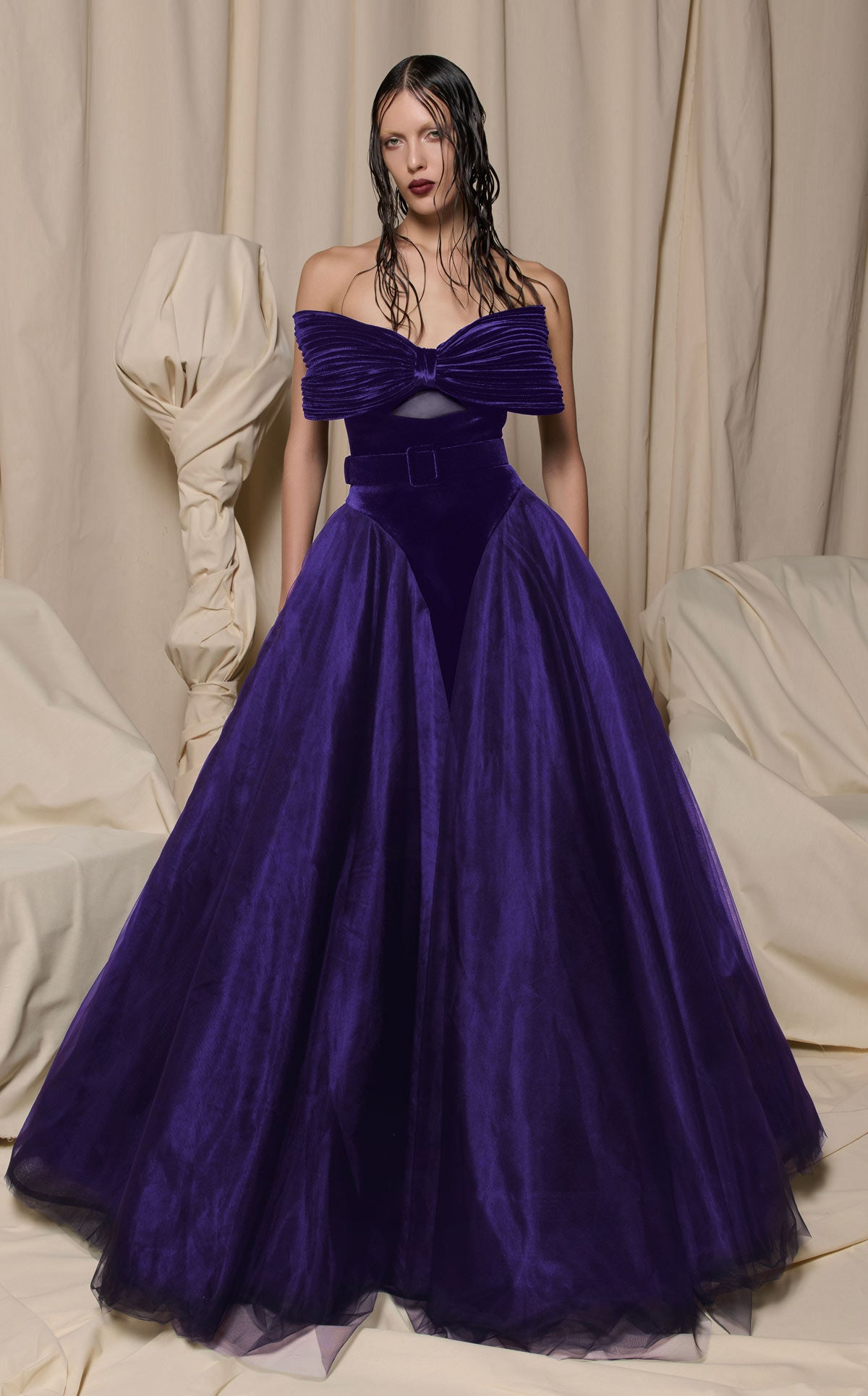 Nour Fathallah N0713 - Black Velvet & Tulle Gown with Oversized Bow
