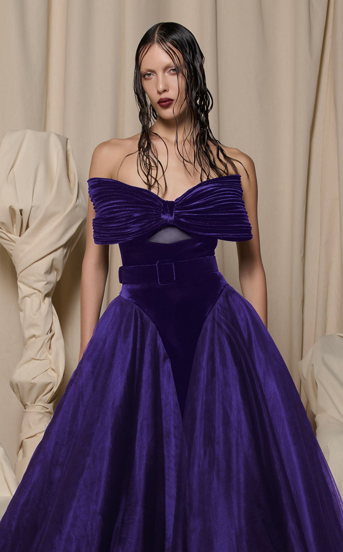 Nour Fathallah N0713 - Black Velvet & Tulle Gown with Oversized Bow