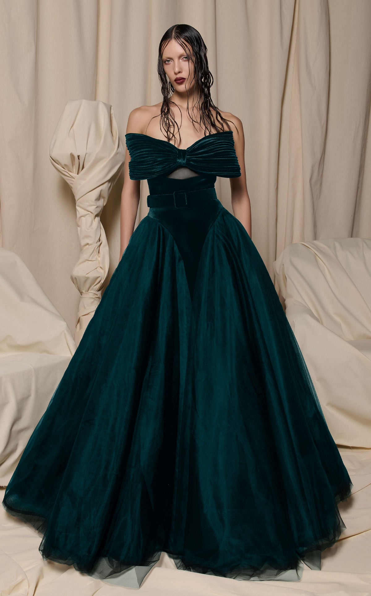 Nour Fathallah N0713 - Black Velvet & Tulle Gown with Oversized Bow