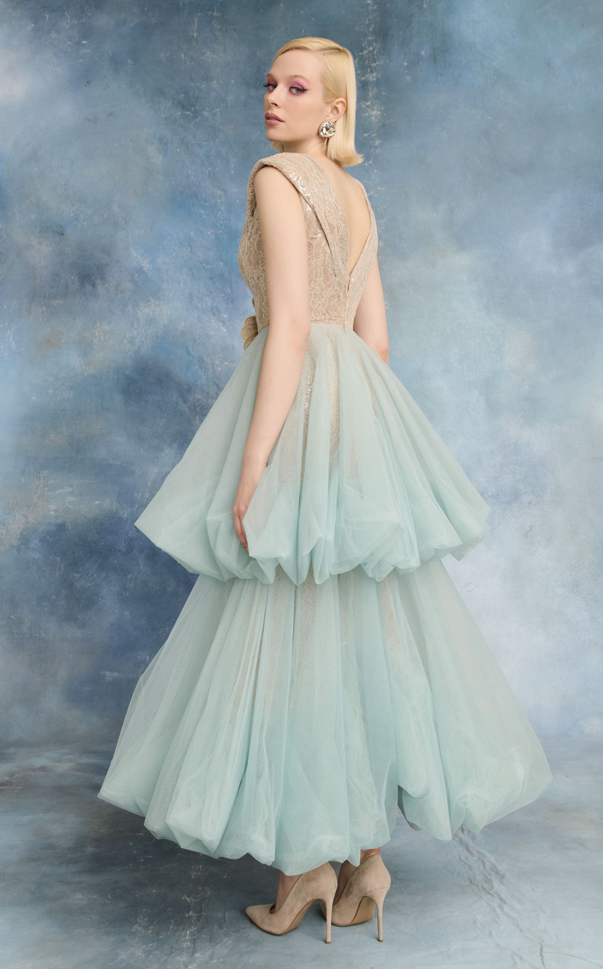 Nour Fathallah N0719 - Mint Lace & Tulle Dress with V-Neckline