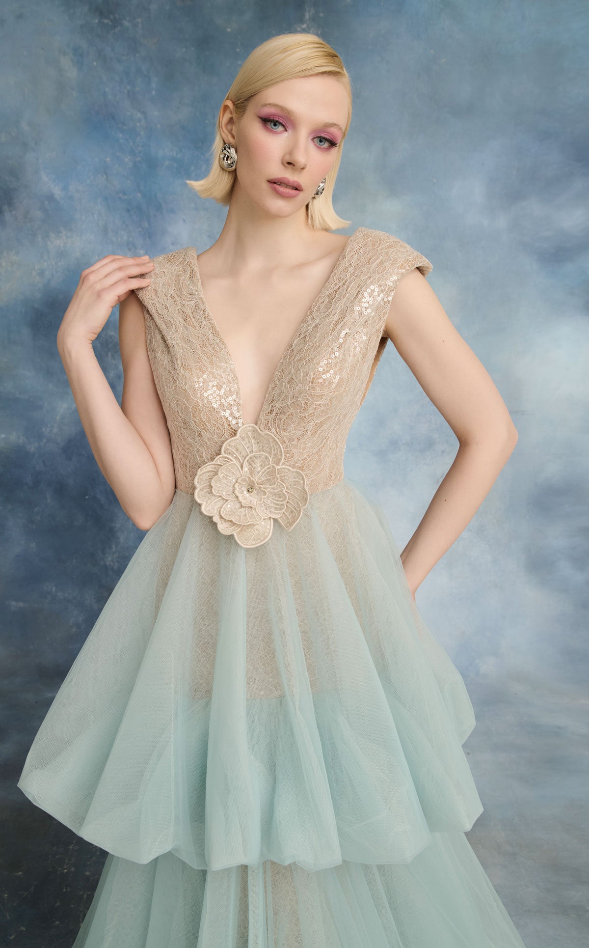 Nour Fathallah N0719 - Mint Lace & Tulle Dress with V-Neckline