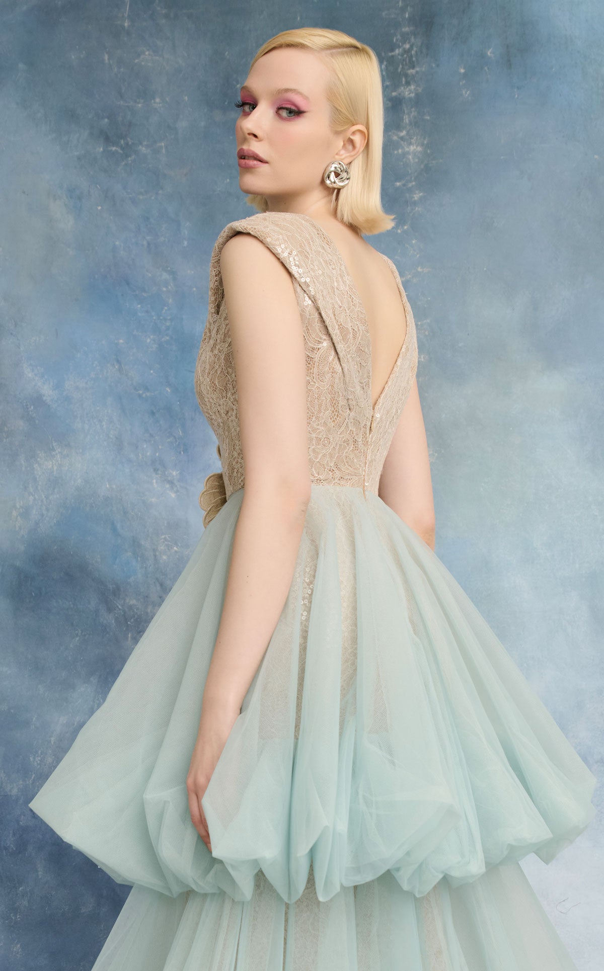 Nour Fathallah N0719 - Mint Lace & Tulle Dress with V-Neckline