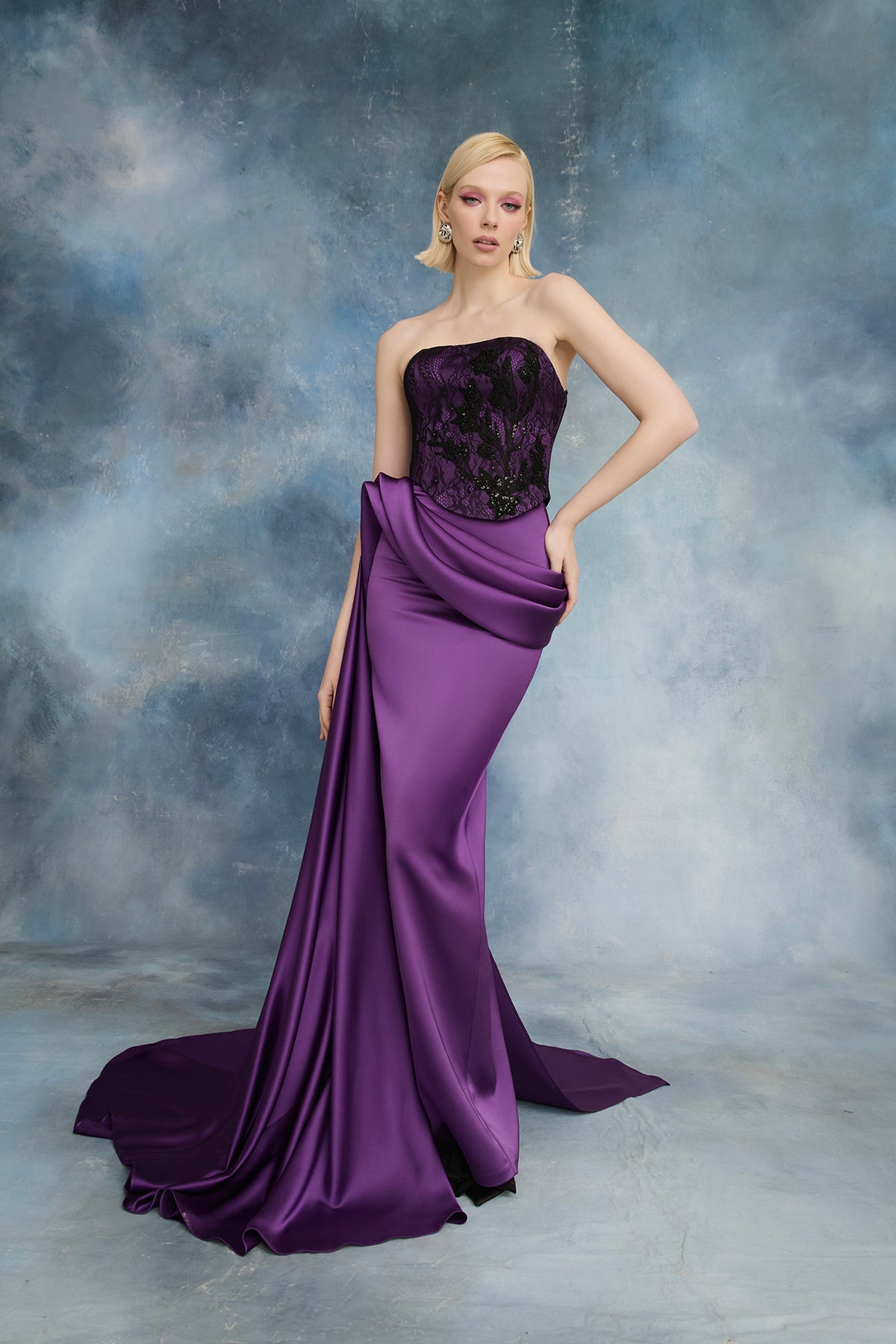 Nour Fathallah N0721 - Plum Lace Corset Gown with Draped Satin Skirt