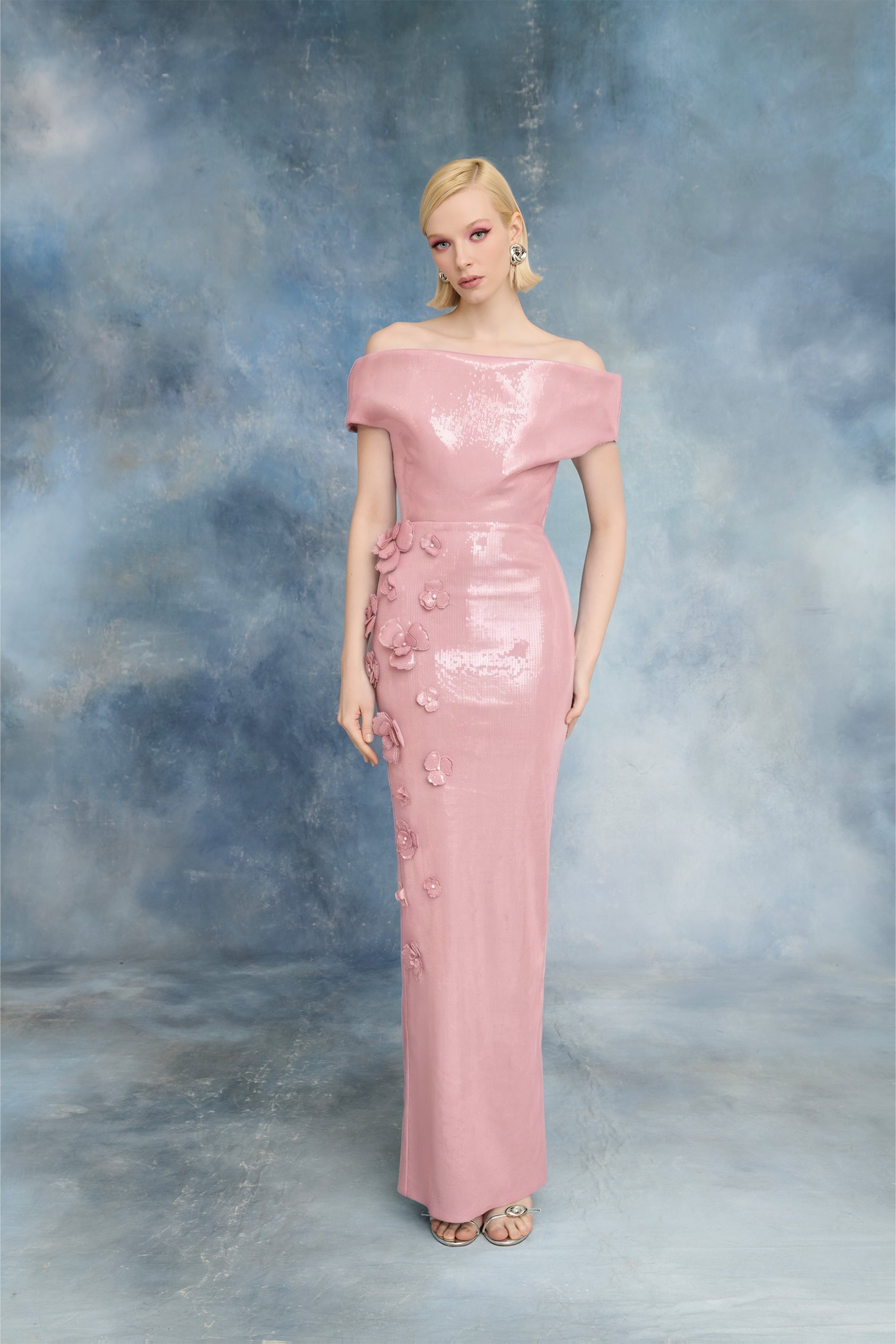 Nour Fathallah N0723 - Icy Blue Sequin Gown with Floral Appliqué