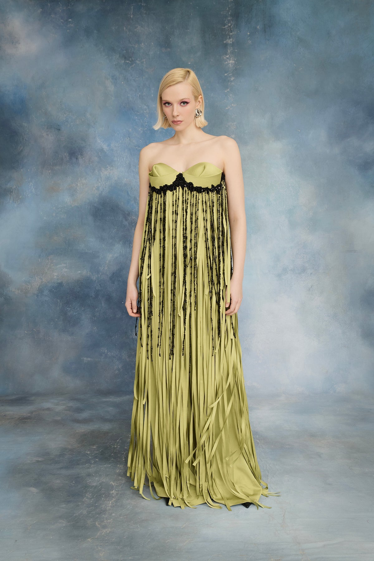 Nour Fathallah N0736 - Strapless Crepe Satin Jumpsuit with Beaded Fringe