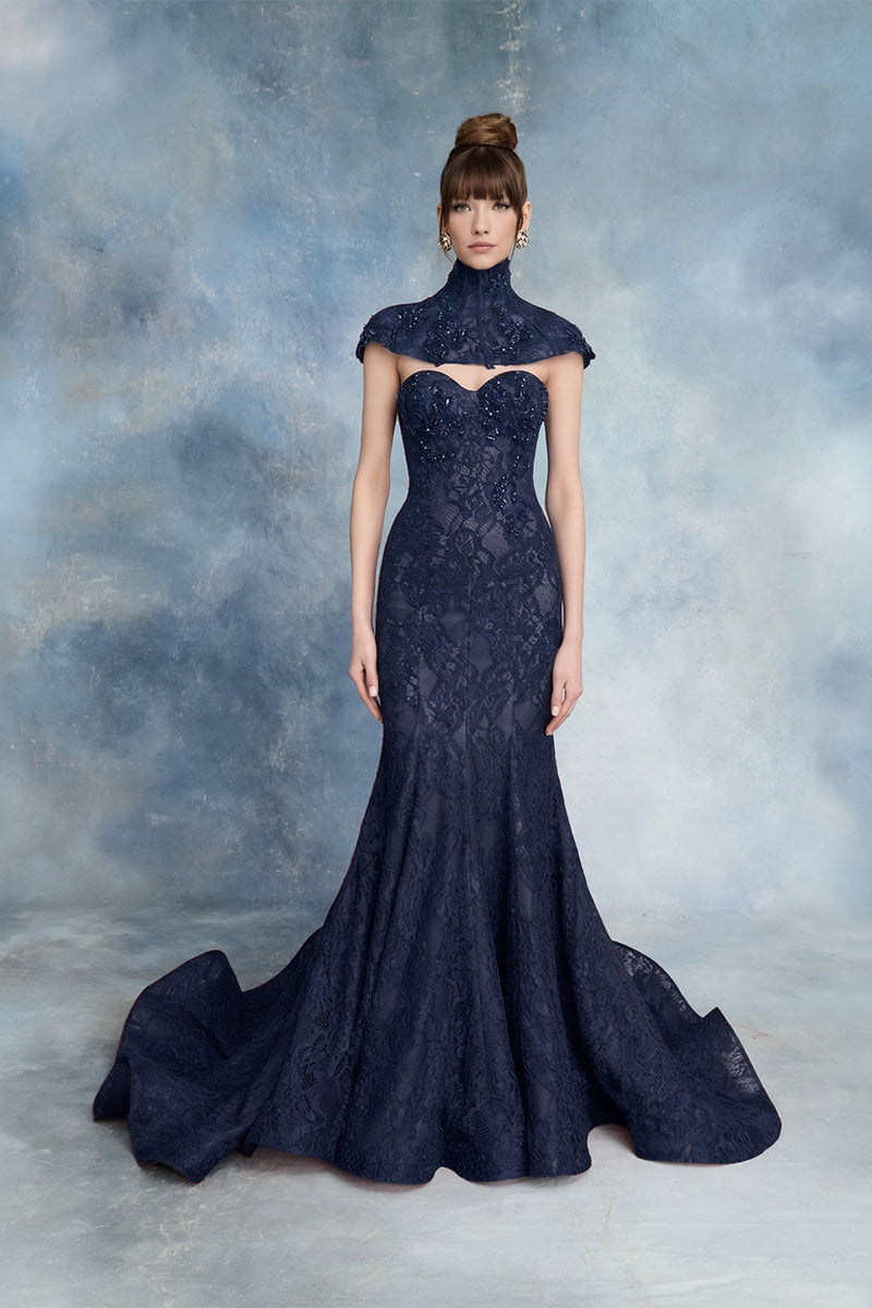 Nour Fathallah N0738 - Crimson Lace Evening Gown with Beaded Bolero