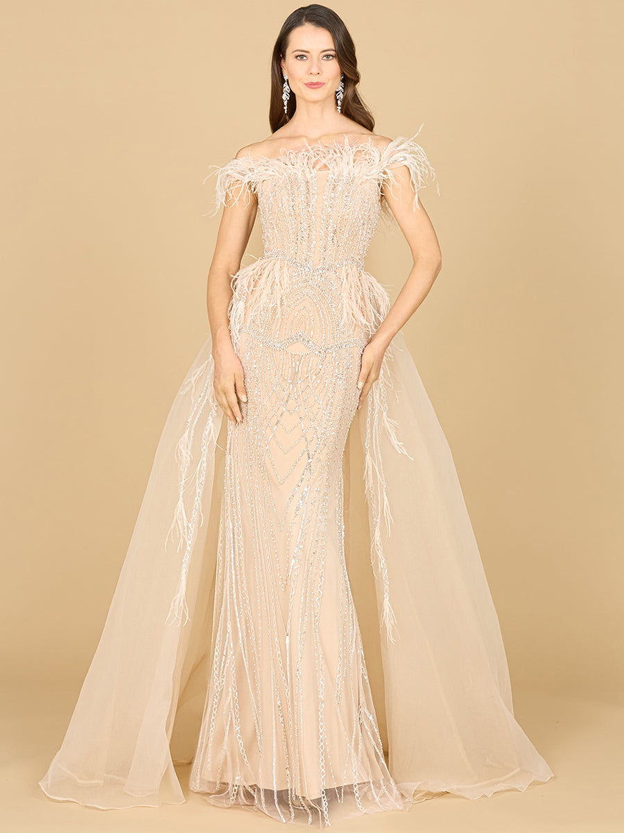 Off Shoulder Gown with Feathers 29161