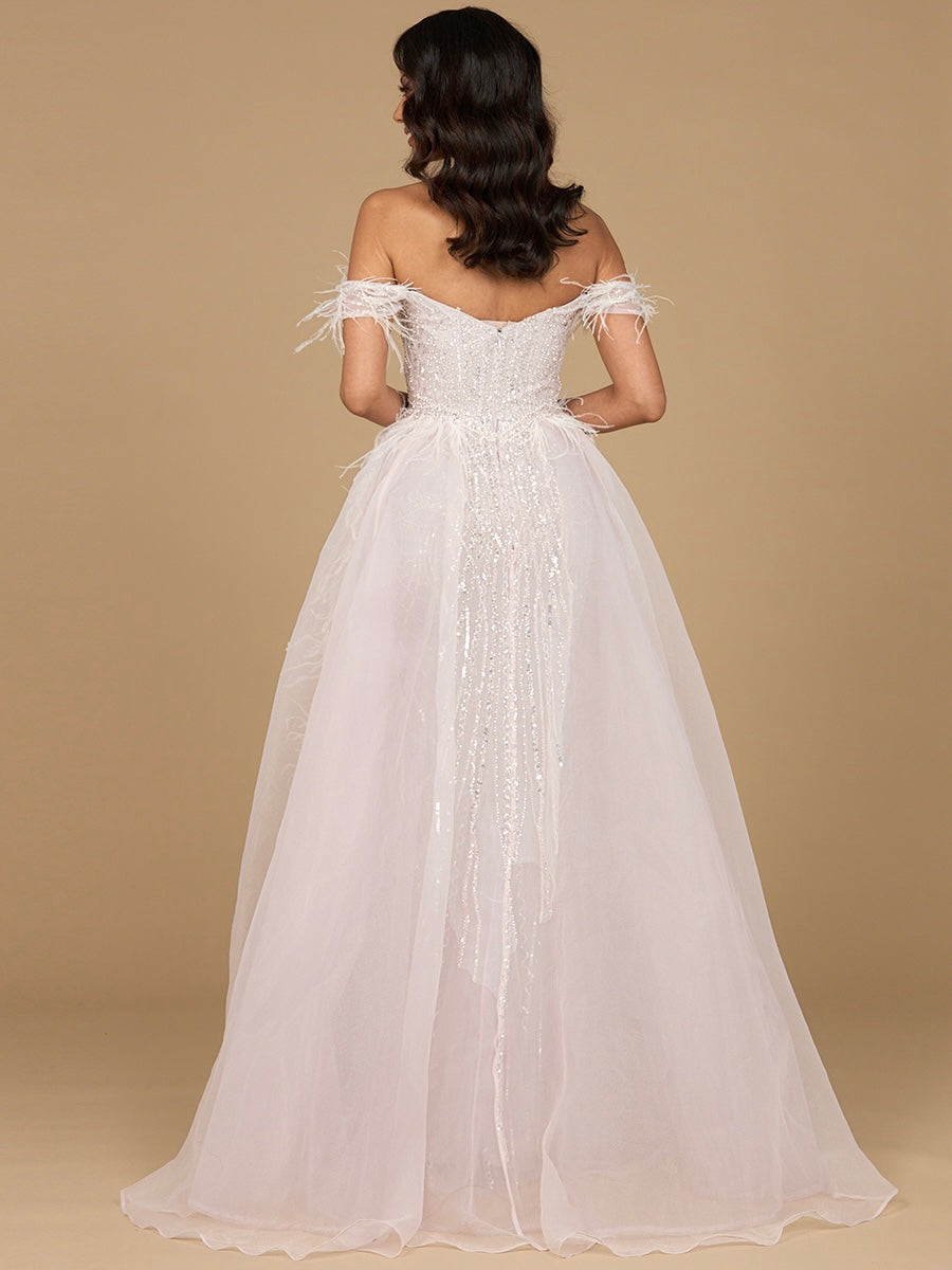 Off Shoulder Gown with Feathers 29161