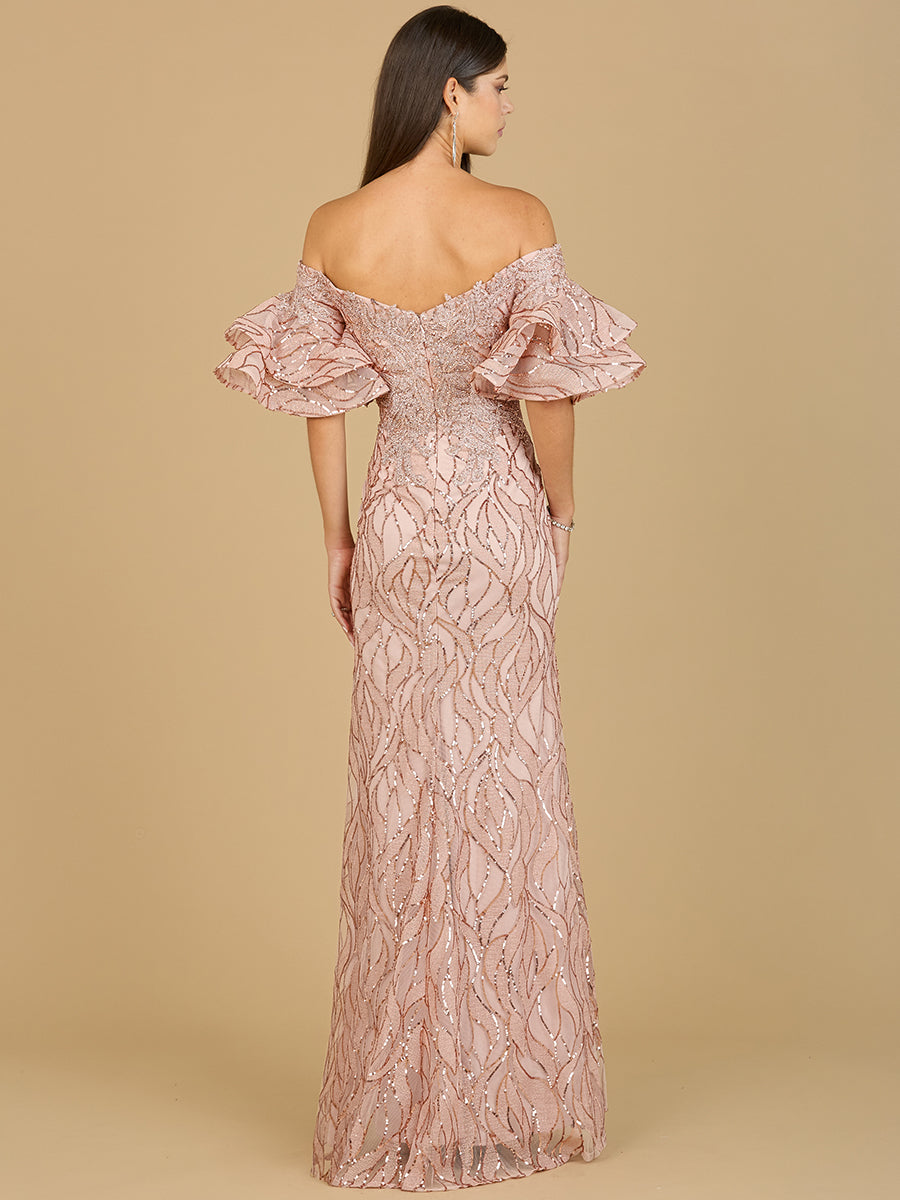 Off Shoulder Mermaid Beaded Gown with Tiered Sleeves 29190