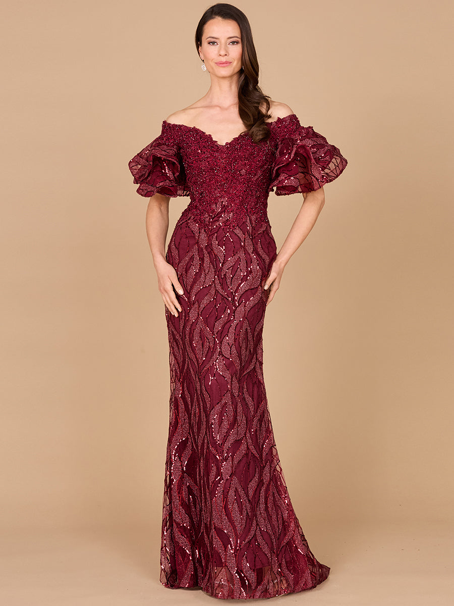 Off Shoulder Mermaid Beaded Gown with Tiered Sleeves 29190