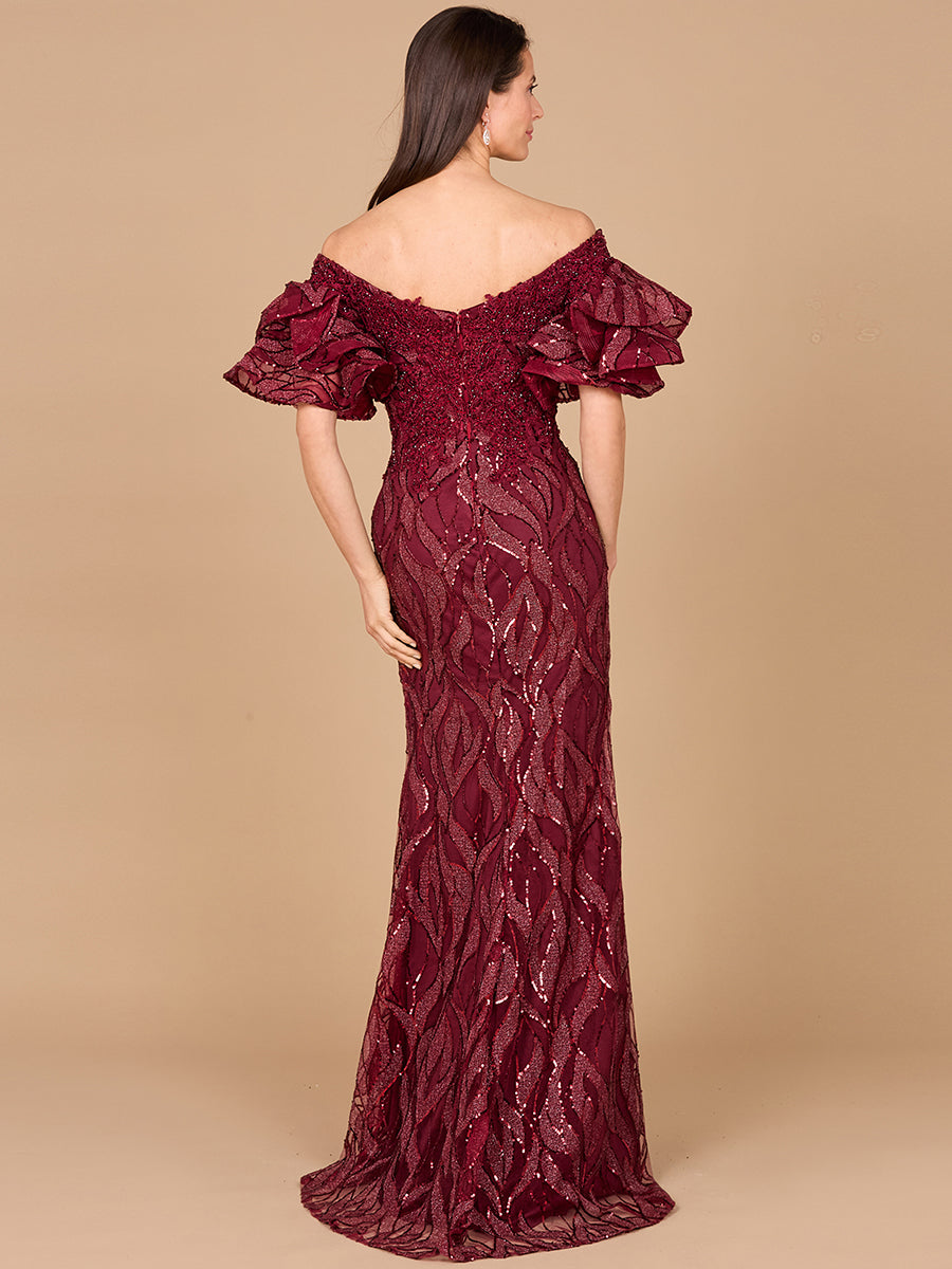 Off Shoulder Mermaid Beaded Gown with Tiered Sleeves 29190