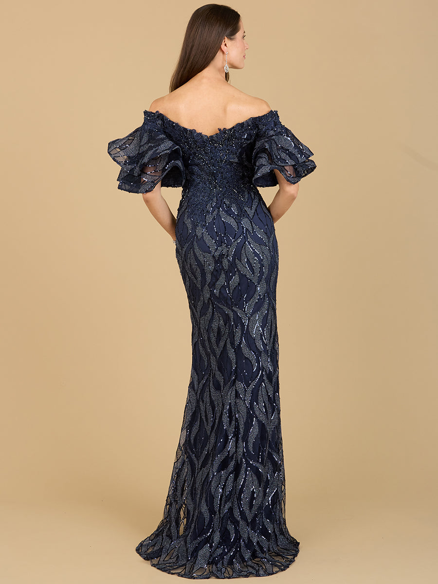 Off Shoulder Mermaid Beaded Gown with Tiered Sleeves 29190