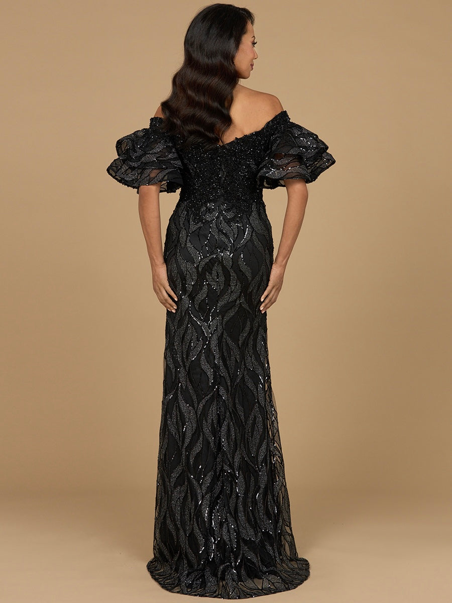 Off Shoulder Mermaid Beaded Gown with Tiered Sleeves 29190