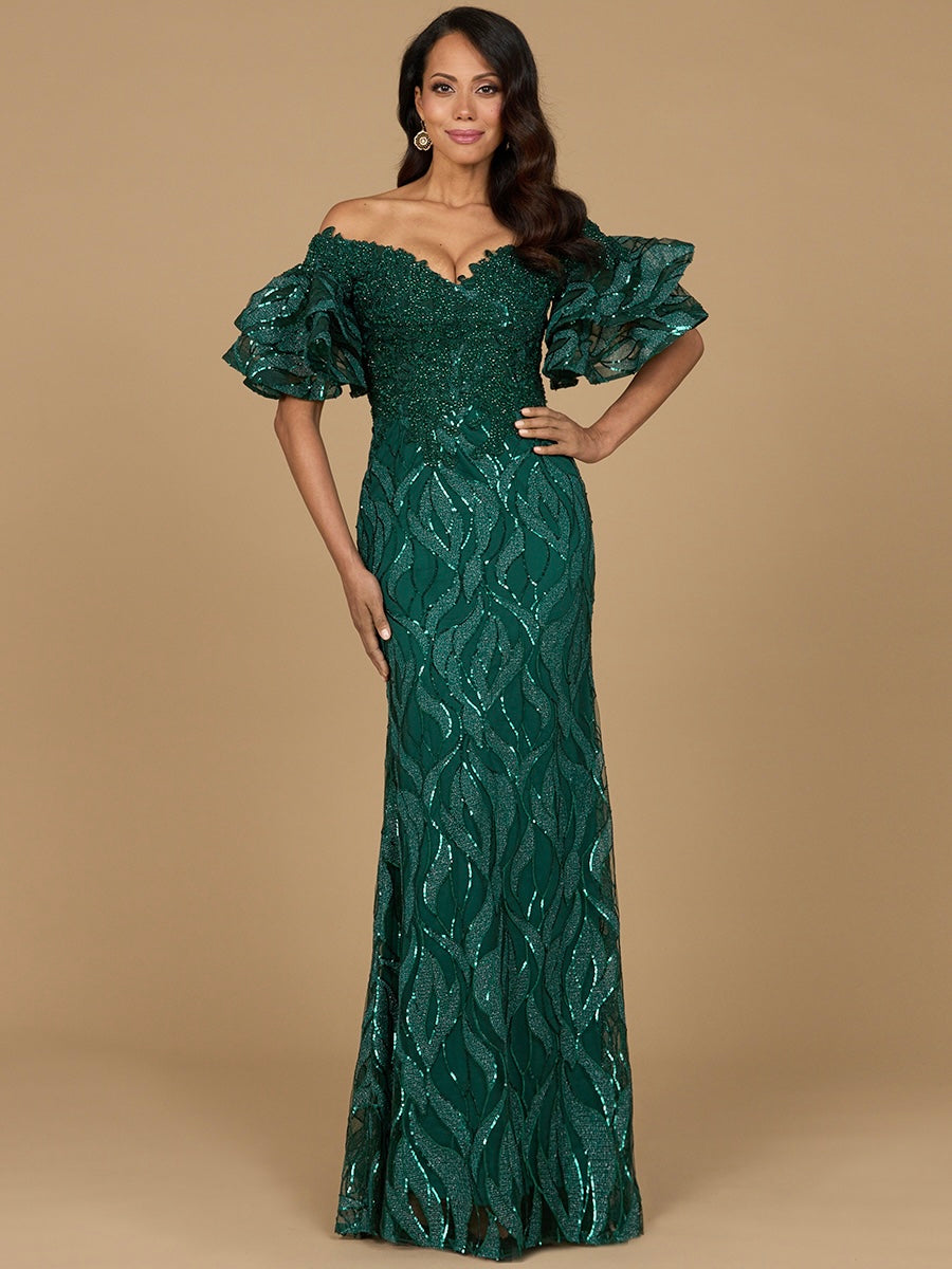 Off Shoulder Mermaid Beaded Gown with Tiered Sleeves 29190