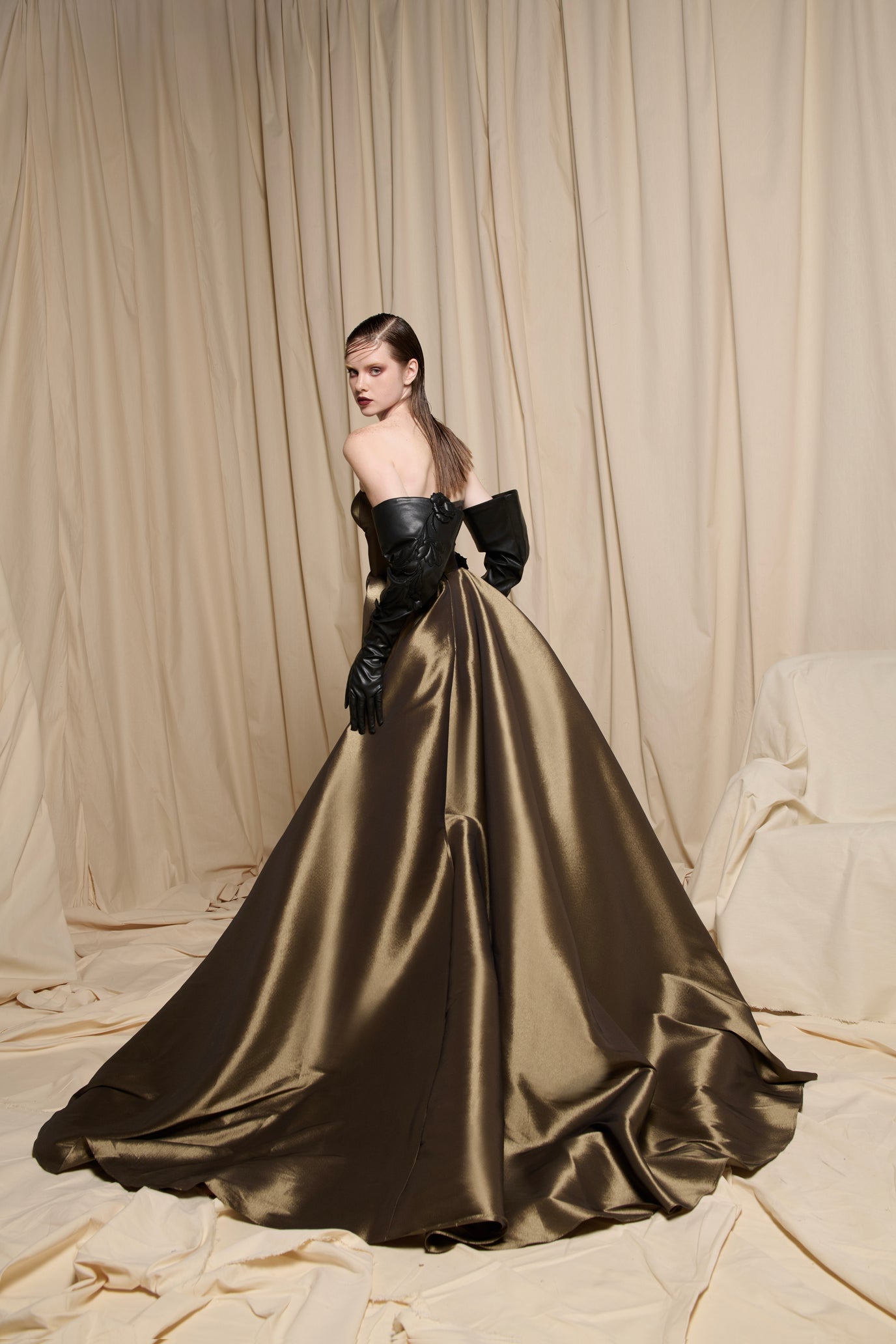 Olive Satin Strapless Gown with Leather Flower Detail - N0695