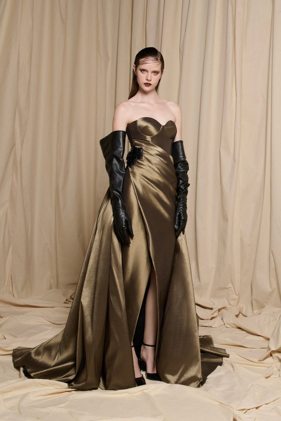 Olive Satin Strapless Gown with Leather Flower Detail - N0695