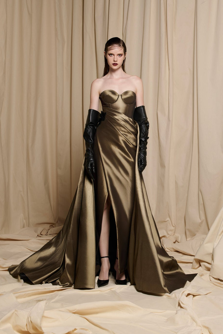 Olive Satin Strapless Gown with Leather Flower Detail - N0695