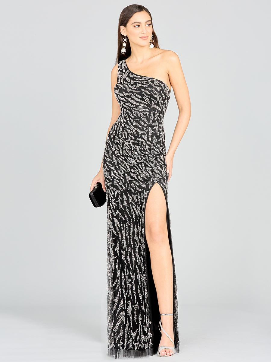 One-Shoulder Beaded Gown with High Slit 29170