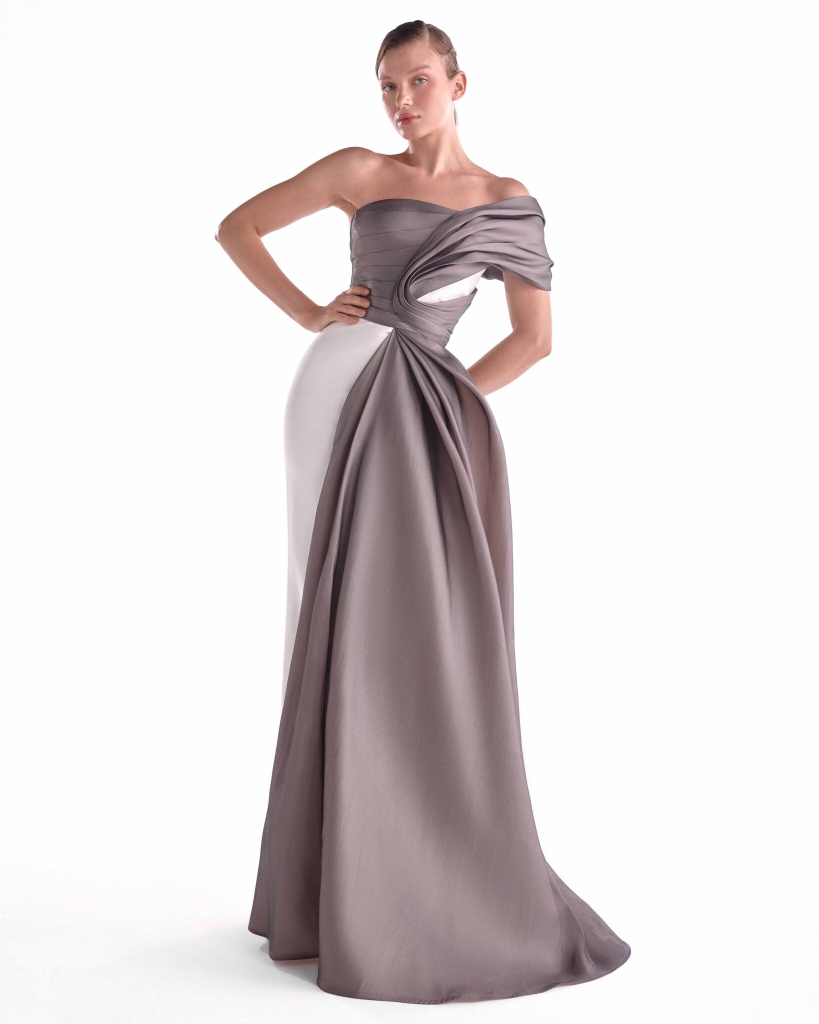One-Shoulder Mixed Media Gown in Off-White and Anthracite G2119
