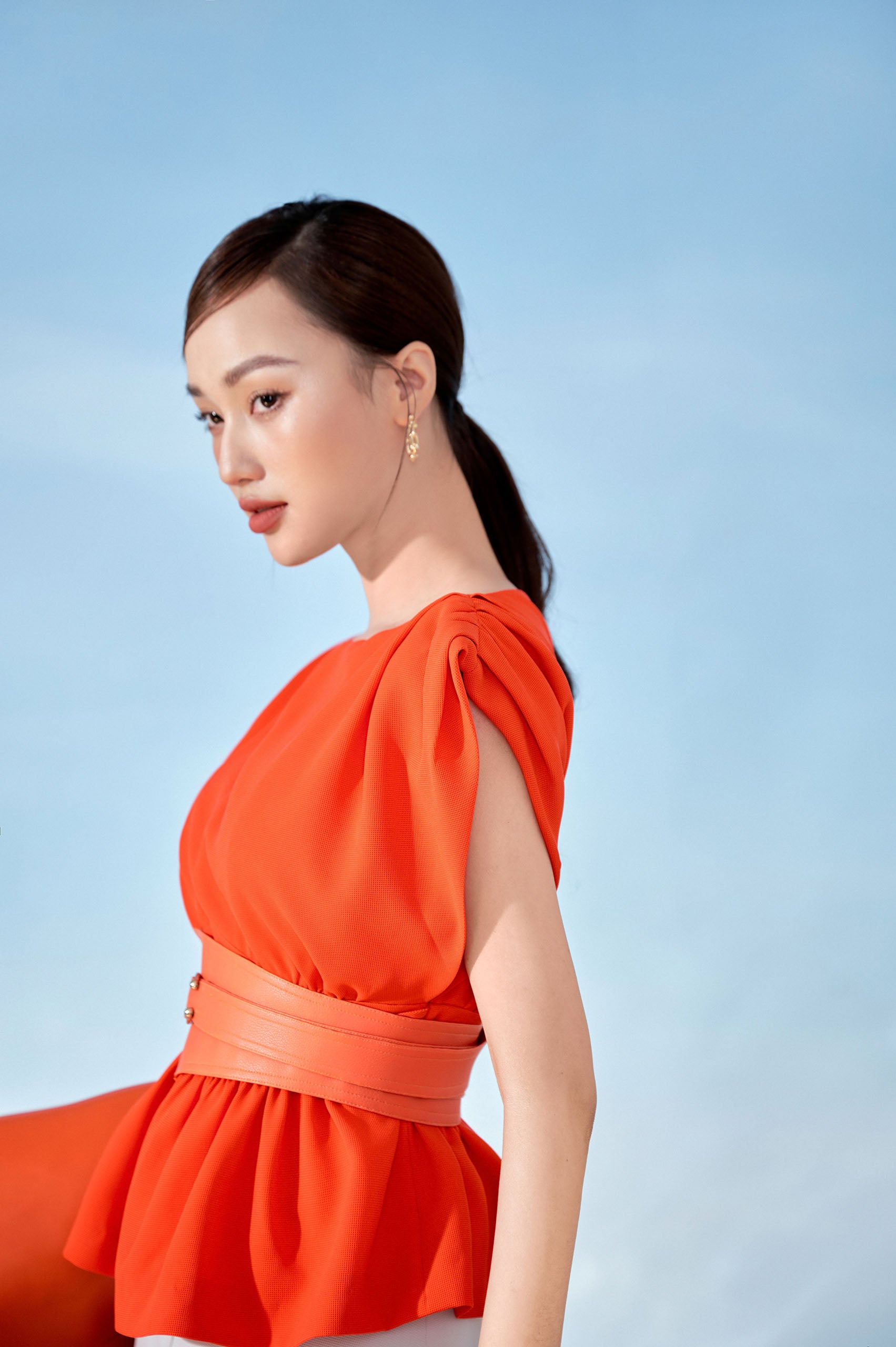 Orange Boat-neck Blouser Cream Lopsided Skirt