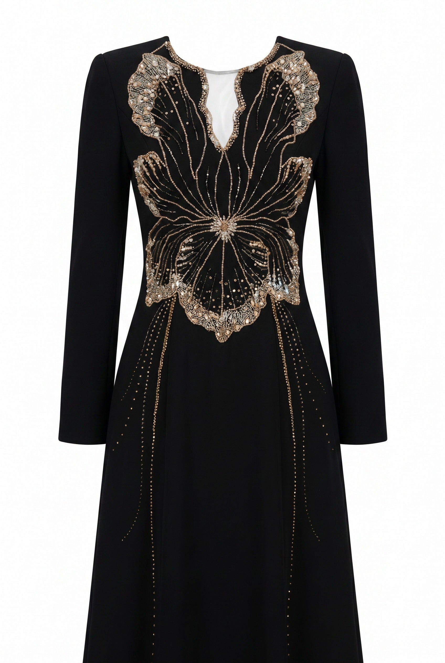 Orchid Embellished Black Long Sleeve Maxi Gown