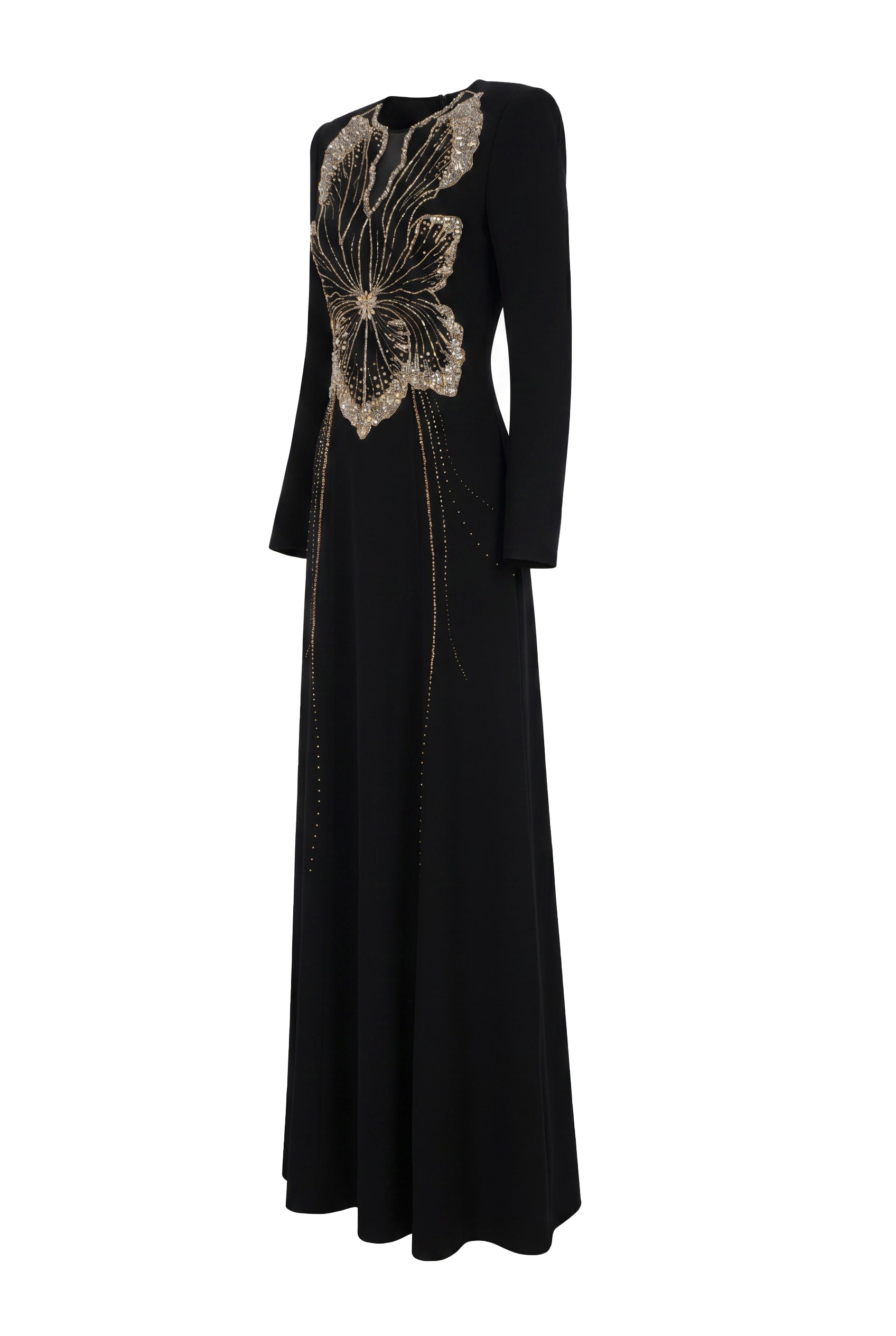 Orchid Embellished Black Long Sleeve Maxi Gown