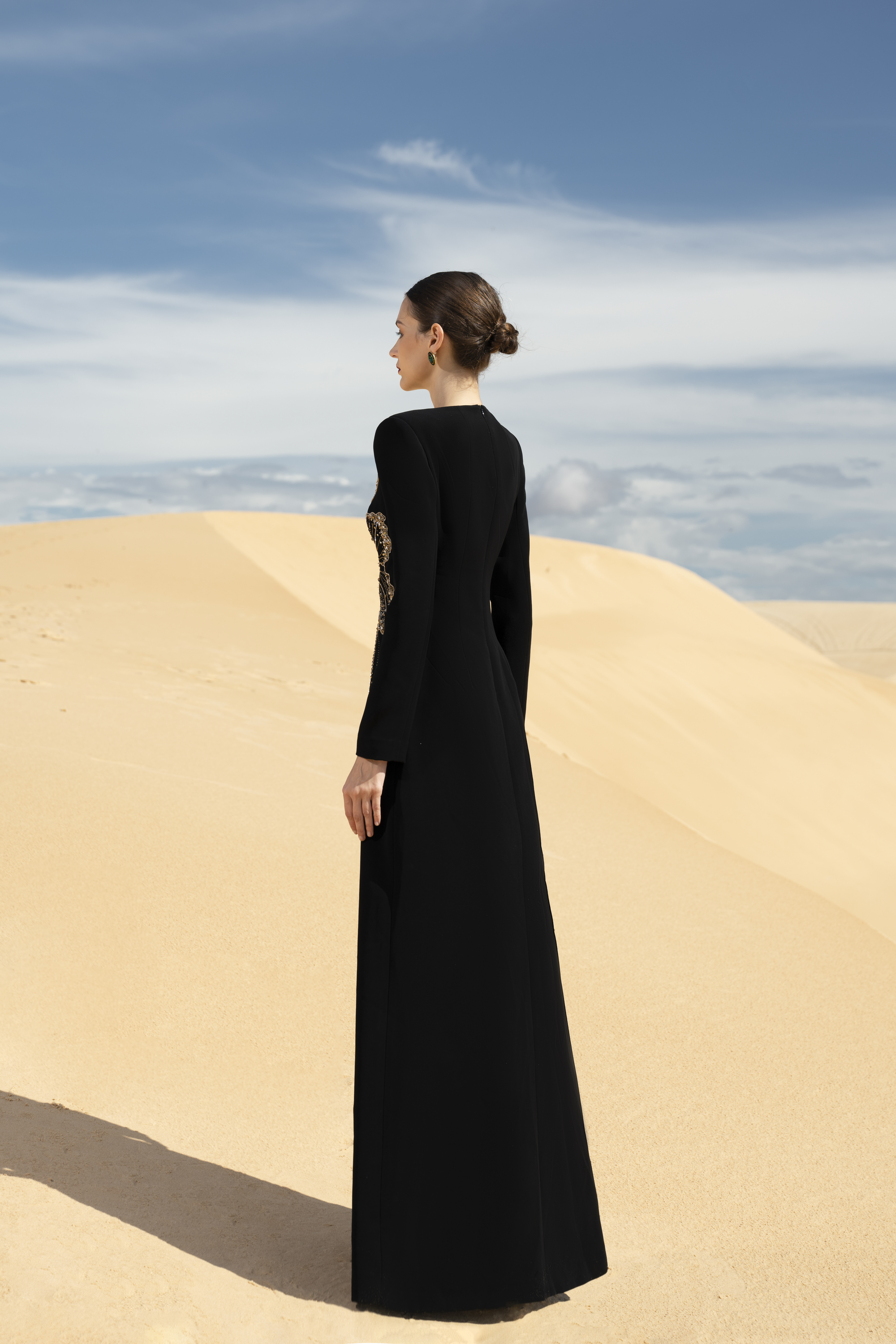 Orchid Embellished Black Long Sleeve Maxi Gown