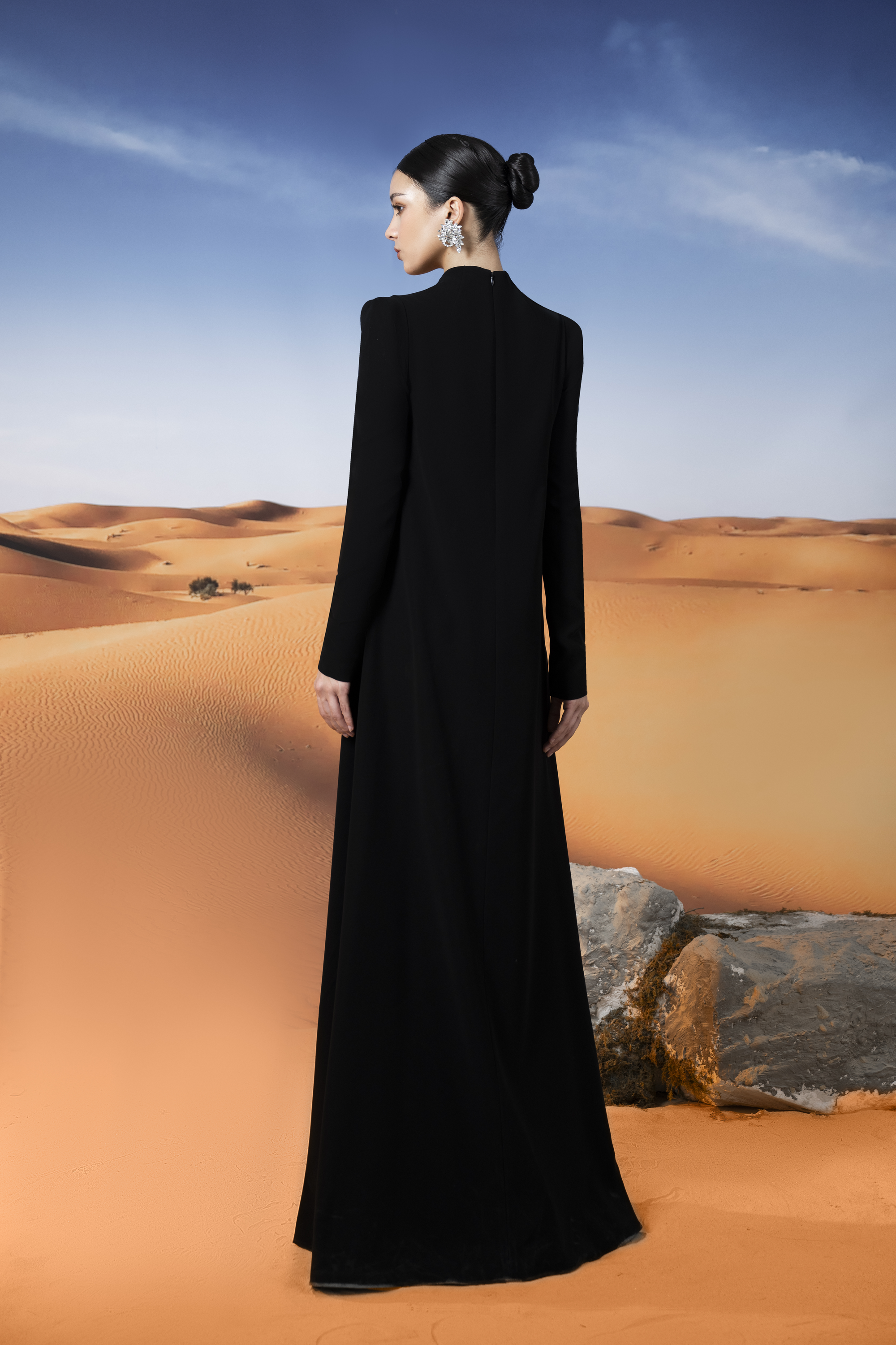 Orchid Embellished Black Long Sleeve Maxi Gown