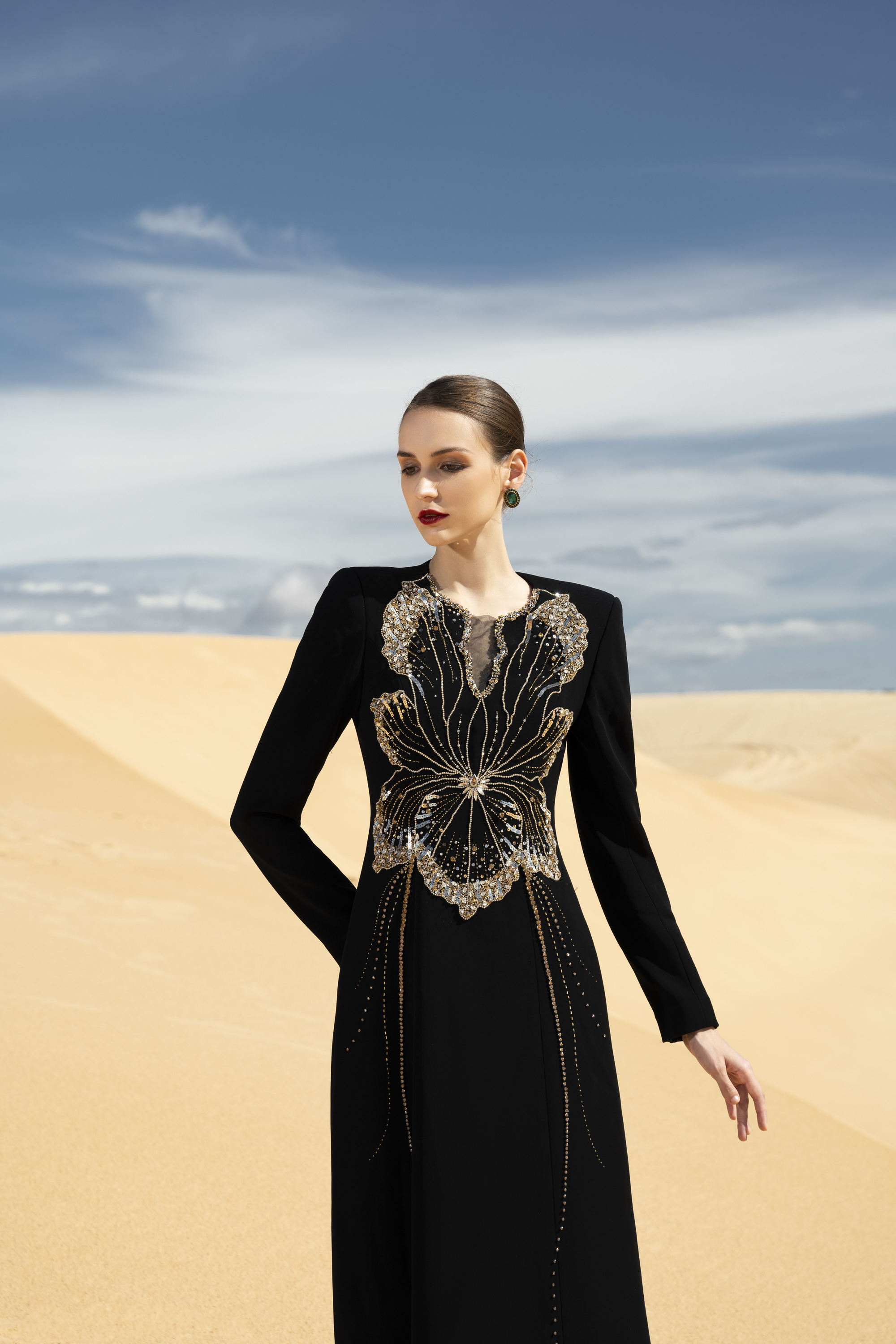 Orchid Embellished Black Long Sleeve Maxi Gown