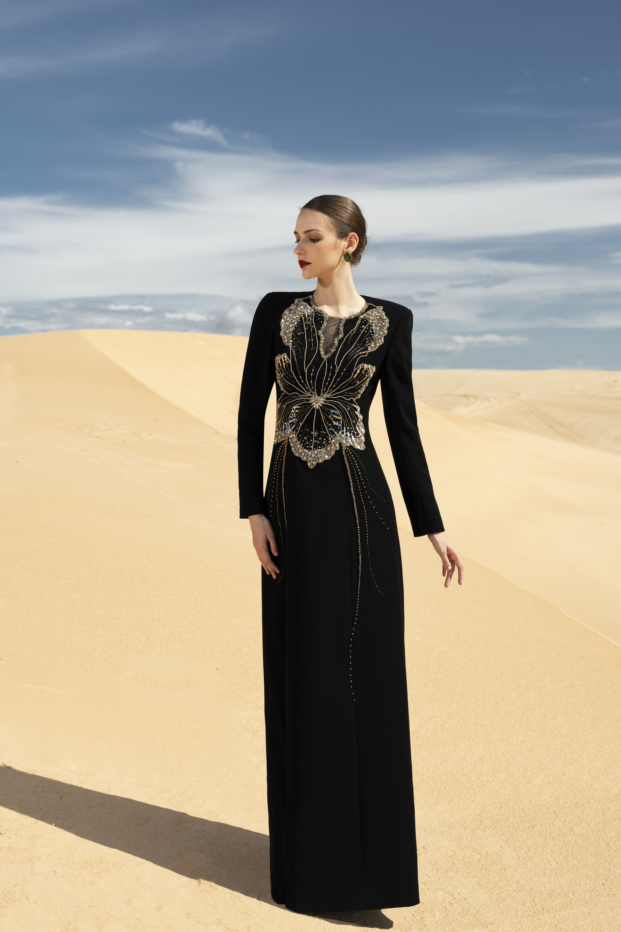 Orchid Embellished Black Long Sleeve Maxi Gown