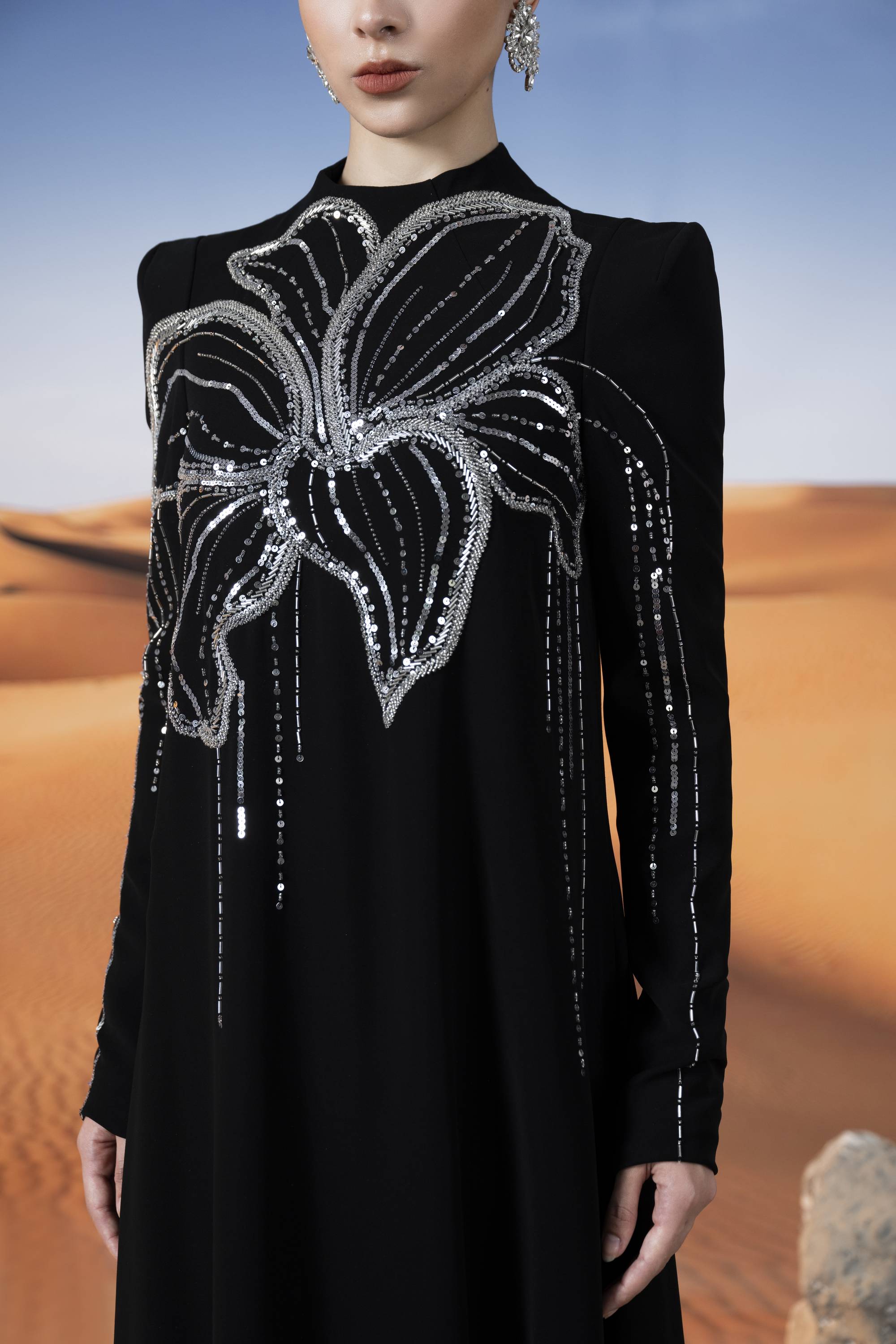 Orchid Embellished Black Long Sleeve Maxi Gown