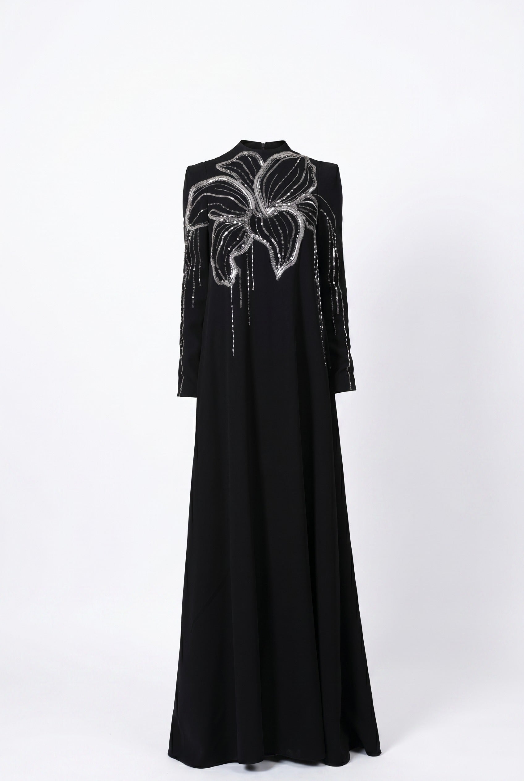 Orchid Embellished Black Long Sleeve Maxi Gown