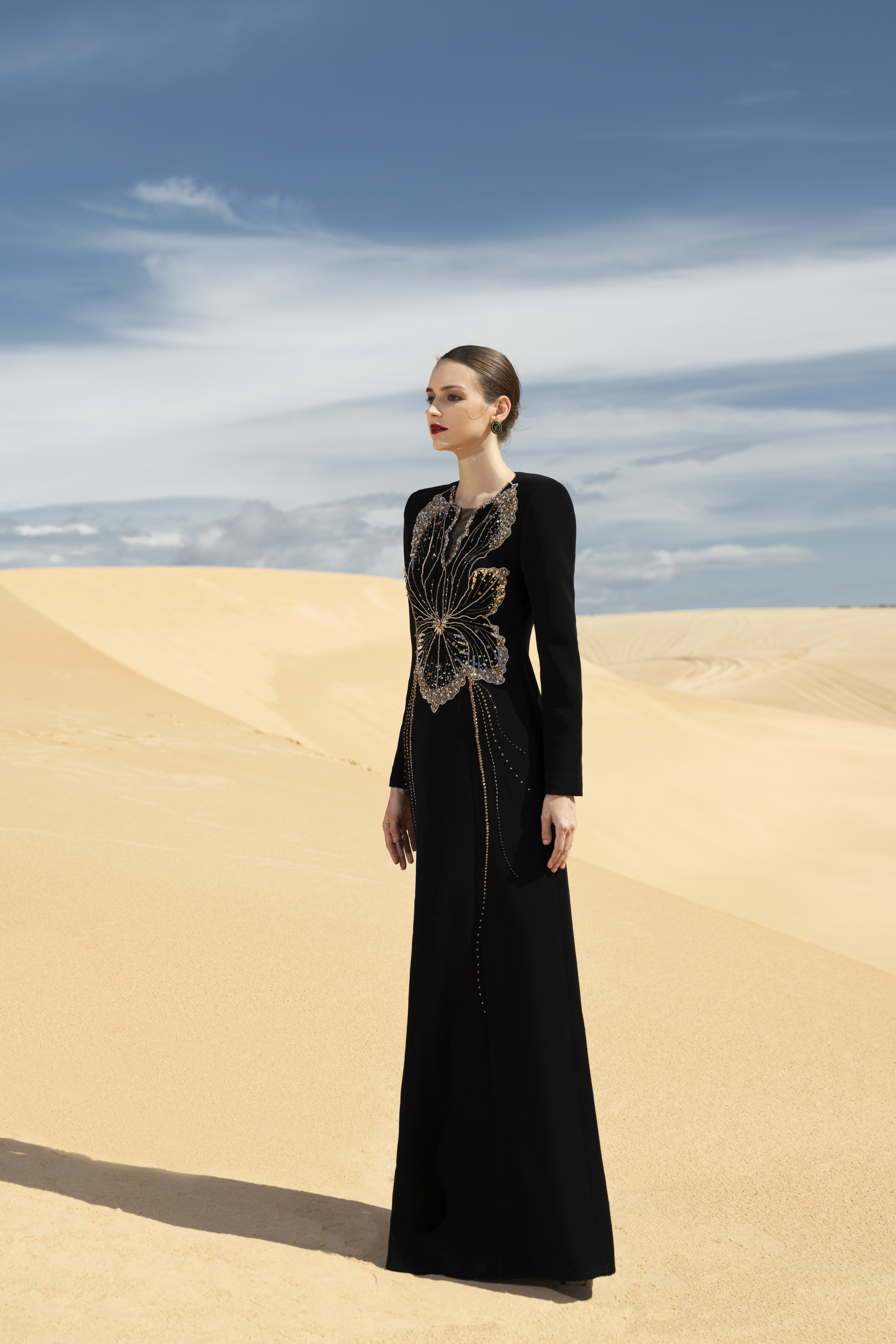 Orchid Embellished Black Long Sleeve Maxi Gown