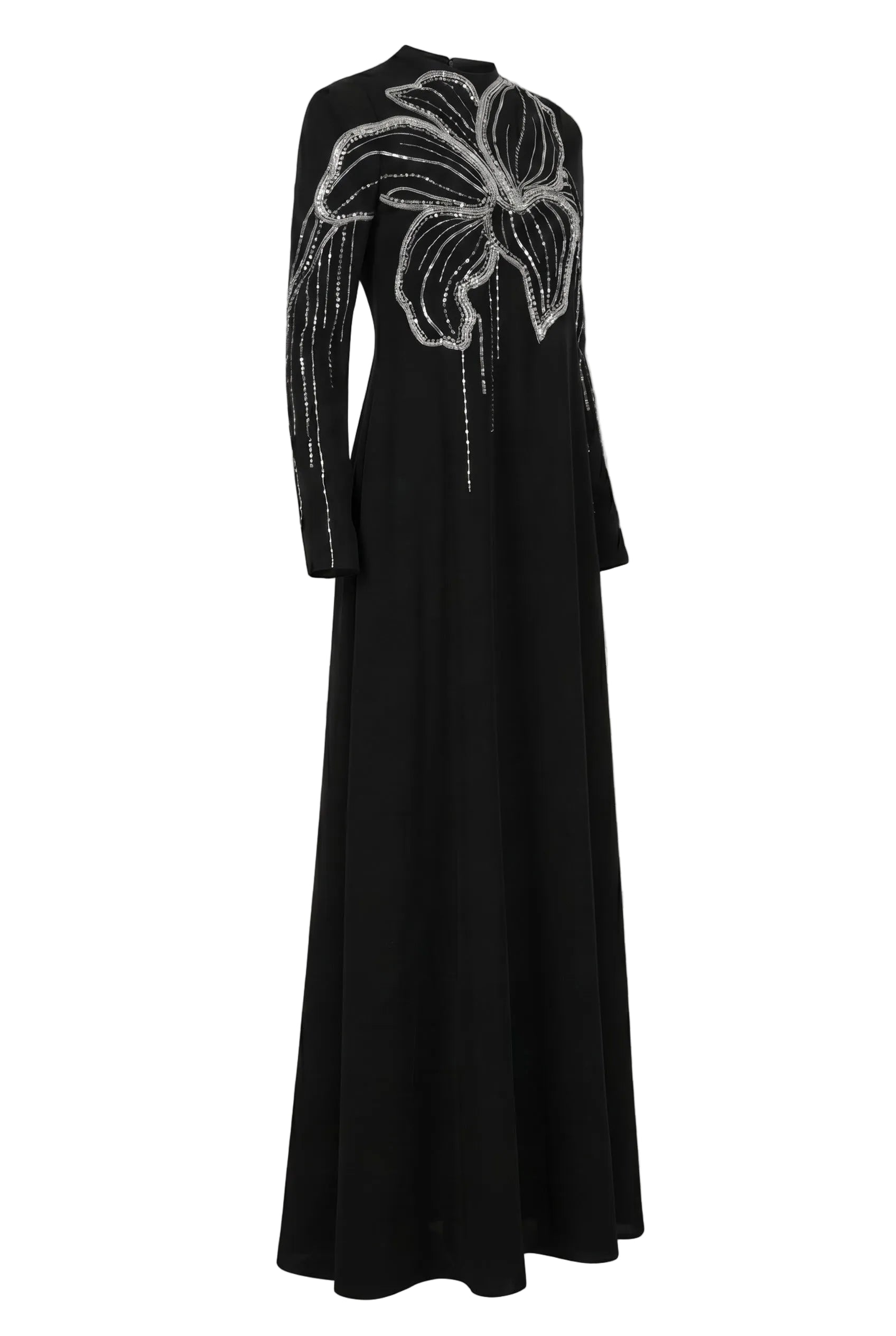 Orchid Embellished Black Long Sleeve Maxi Gown